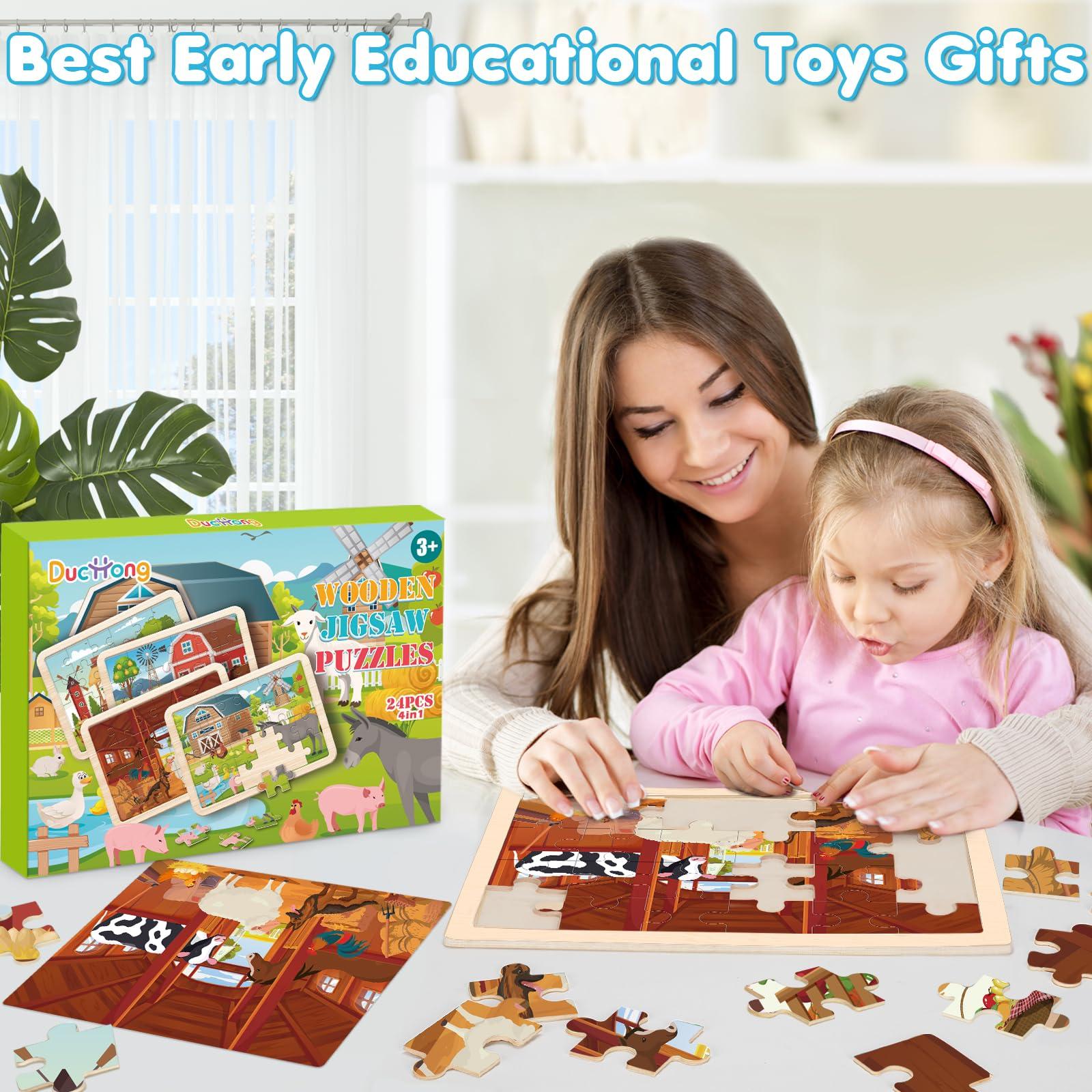 Duchong 4-in-1 Farm Wooden Puzzles for Kids Ages 4-6, 24 PCS Wooden Jigsaw Puzzles for Toddlers Ages 2-4, Preschool Educational Puzzles Boards Toys Gifts for 3 4 5 6 Boys Girls