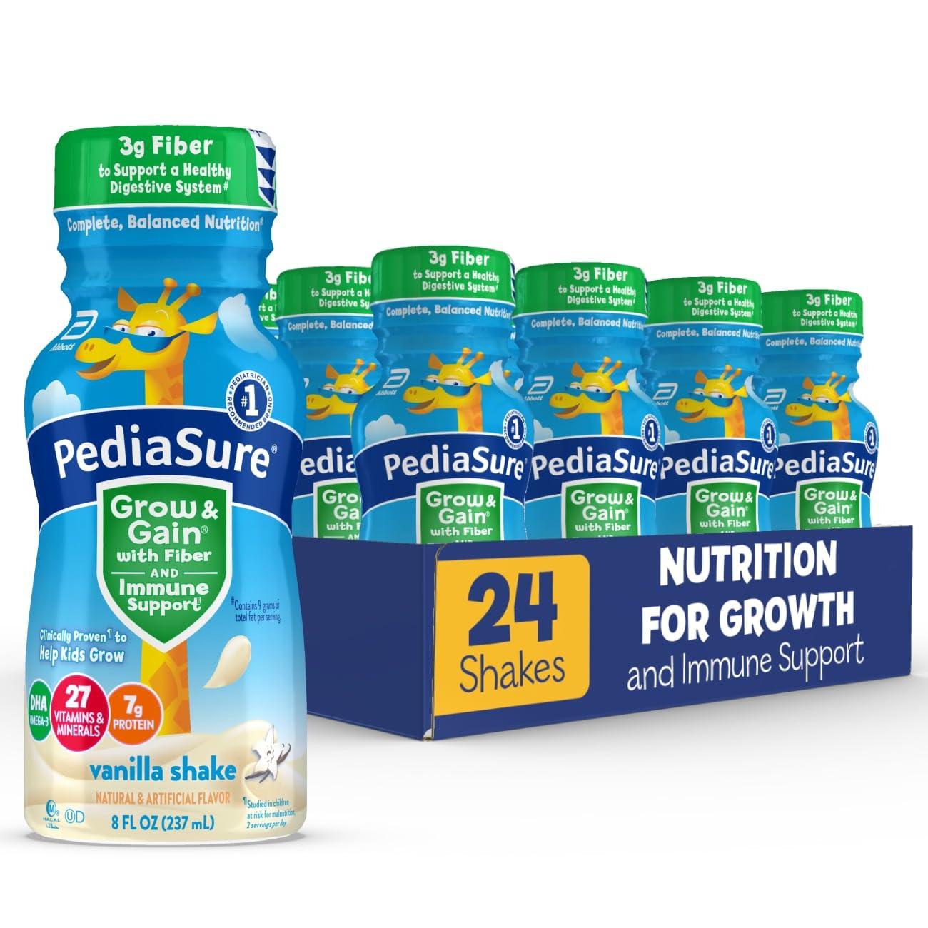 PediaSure PediaSure Grow & Gain With Fiber and Immune Support, 3g Fiber for Kids to Support Healthy Digestive System, Kids Protein Shake, DHA Omega-3, Non-GMO, Vanilla, 8 fl oz, Pack of 24