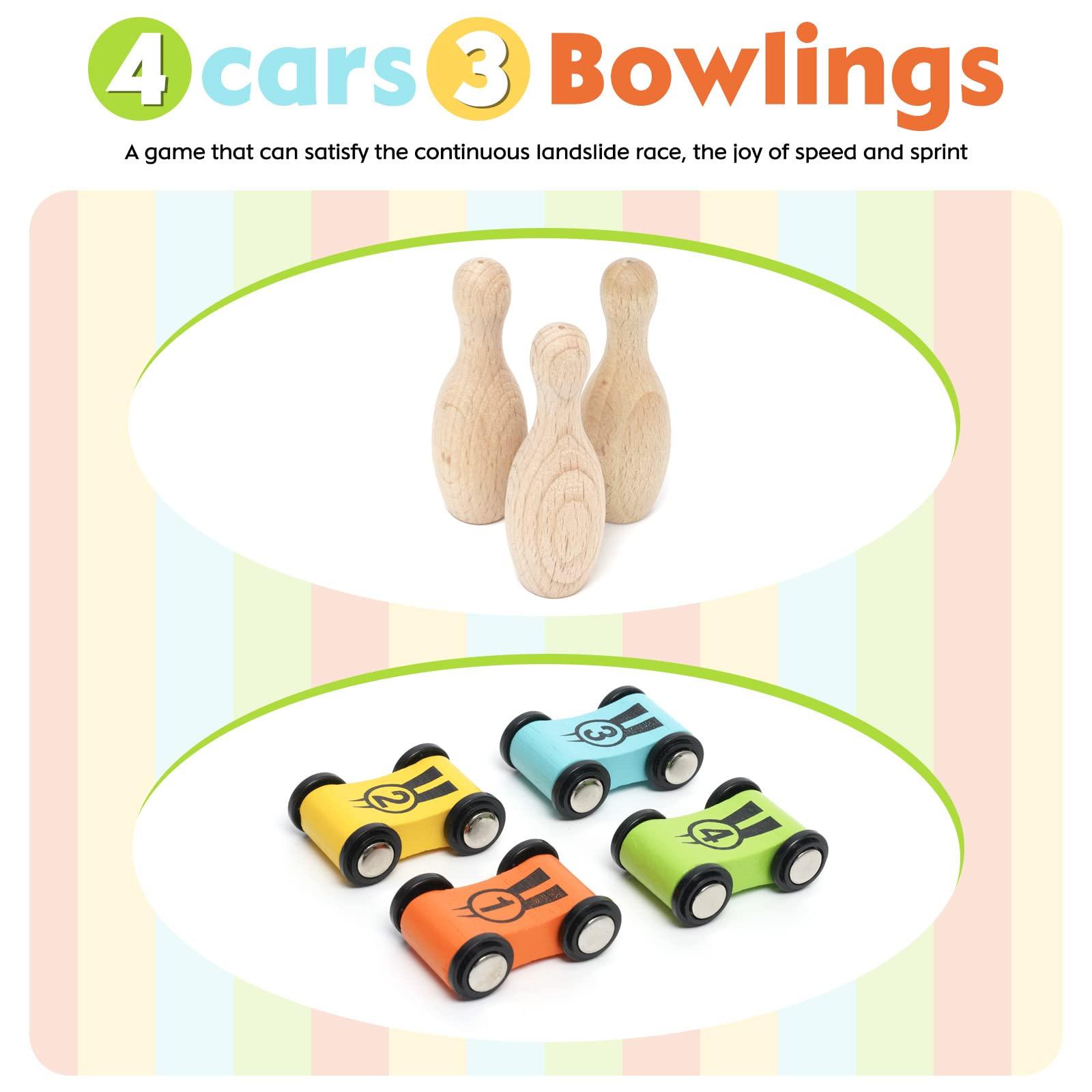 Ark miido Wooden Car Ramp Toys Race Track Zig Zag Car Slide Toddler Montessori Toys Click Clack Race Track Bowling Game Gifts Wooden Car Toy Garage with 4 Mini Cars 3 Bowlings for 1 2 3 4 5 Year Old Boys Girls