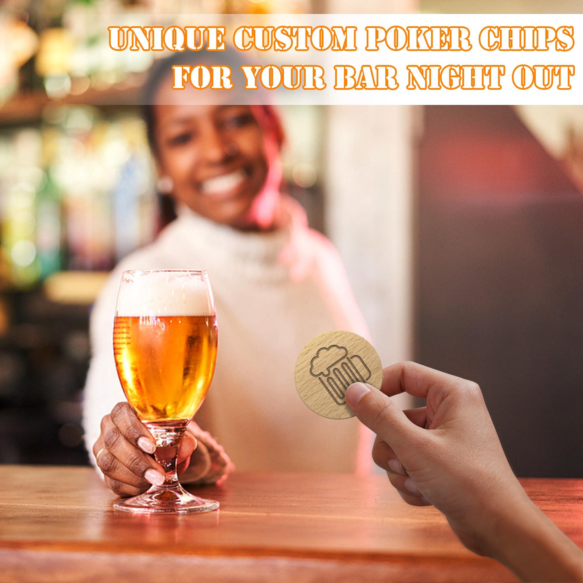 MANBATTLE MANBATTLE 100 Custom Wooden Poker Chips, Wooden Drink Tokens Double Sided Laser Engraved Your Logo and Text, Personalized Wood Round Drink Chips for Bar, Party, Wedding, Game Night, Casino Night