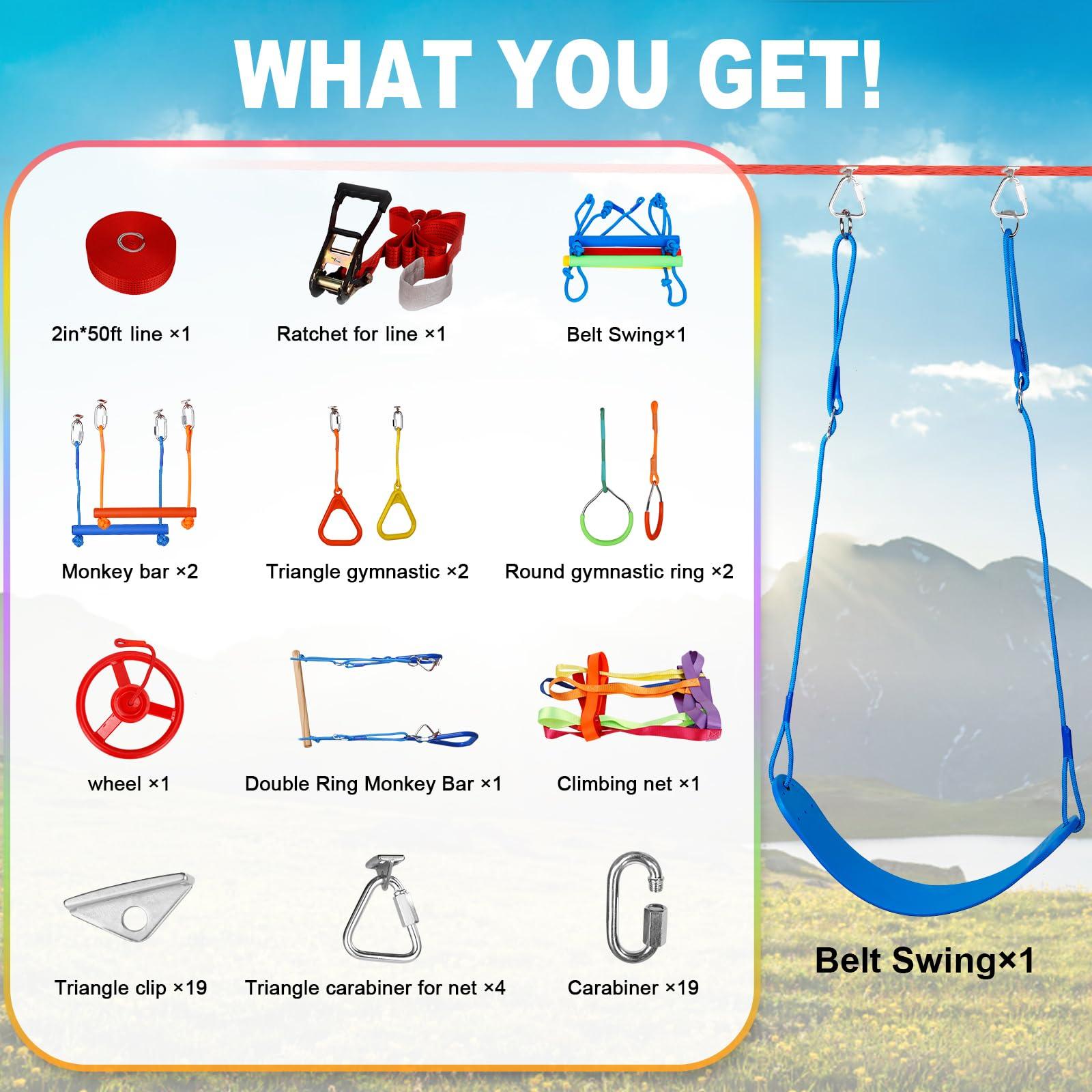 ITEFDTUTNE 50ft Ninja Warrior Obstacle Course for Kids with Swing, Ninja Course for Kids Outside with 11 Accessories--Swing Set, Trapeze Swing, Climbing Net, Rope Ladder, Outdoor Playset with Monkey Bars