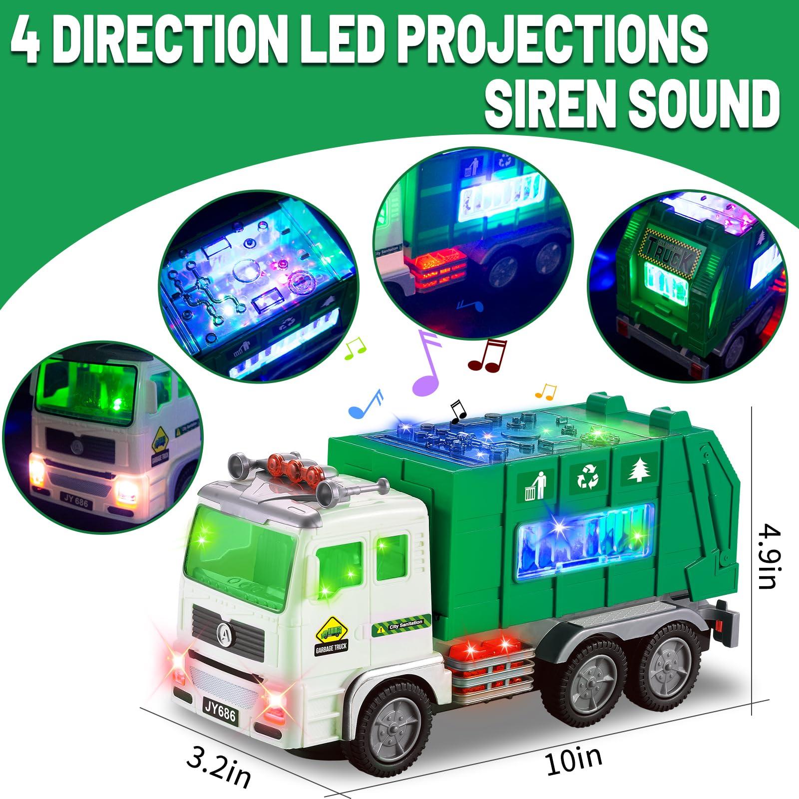 Ynanimery Toy Garbage Truck & Fire Truck & Construction Excavator Toys & Container Truck Toy Cars for Toddlers Boys 1-3 4-7 Birthday Gifts, Truck Car Toys with 4D Lights & Music- Automatic Bump Go Garbage Truck