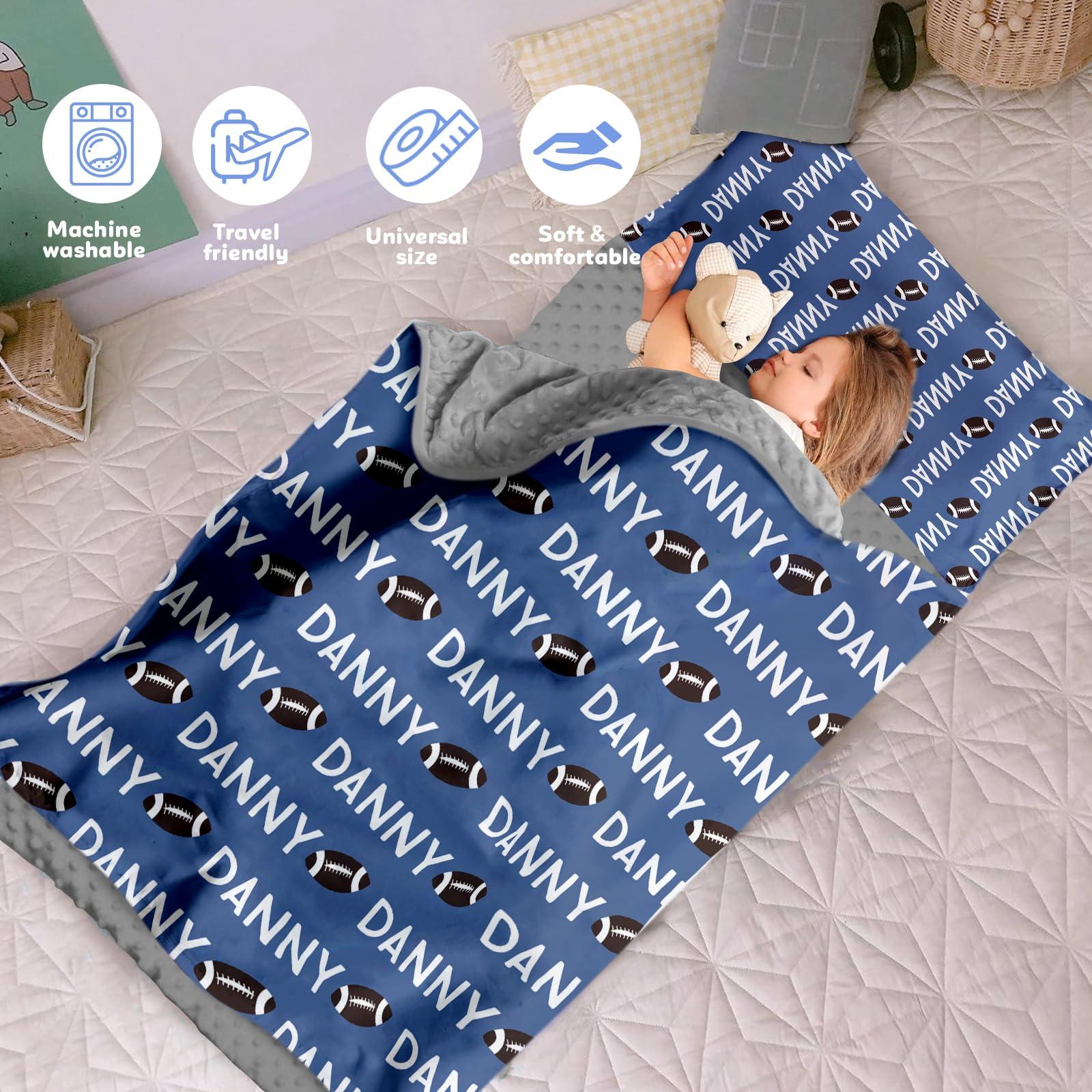 Evulum Custom Toddler Nap Mat for Daycare Sleeping Bag for Boys, Kids Nap Mats with Pillow Blanket for Preschool Kindergarten, Personalized Name Easy Carry Nap Sack Blue Football