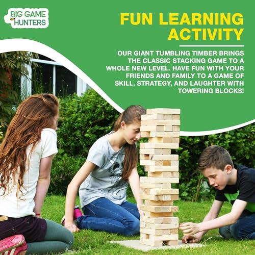 Garden Games Big Game Hunters Giant Tumble Towers, 58 Piece Wooden Block Game, 5 ft. Tall Stacking Backyard Indoor Outdoor Game for Kids Adults Family, Jumbo Splinter Resistant Blocks - Carry Bag Included