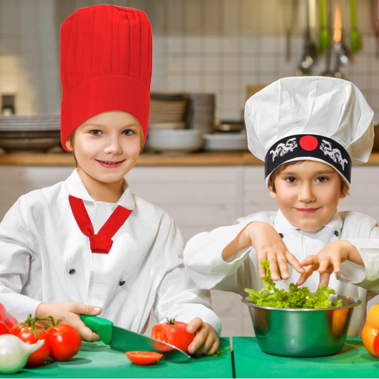 Keymall Keymall Kids Hibachi Chef Hat Teppanyaki Tall Chef Cap With Hachimaki Headband Tie Apron for Hibachi Birthday Party Costume(red)