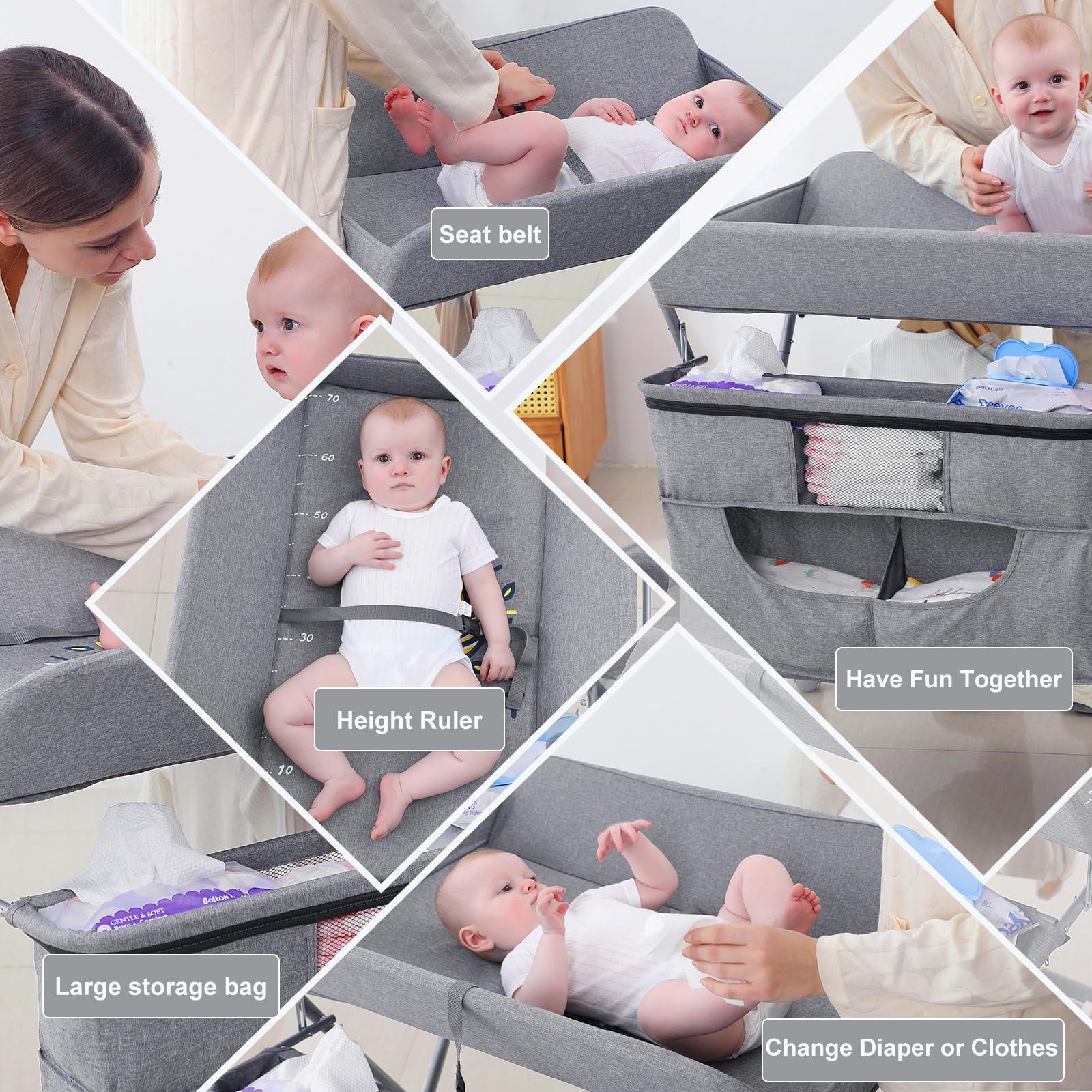 HopeNest Portable Baby Changing Station with Adjustable Height - Foldable Diaper Table with Wheels,Waterproof Pad, Safety Belt & Large Storage Racks, Ideal for Newborn and Infants (Light Grey)