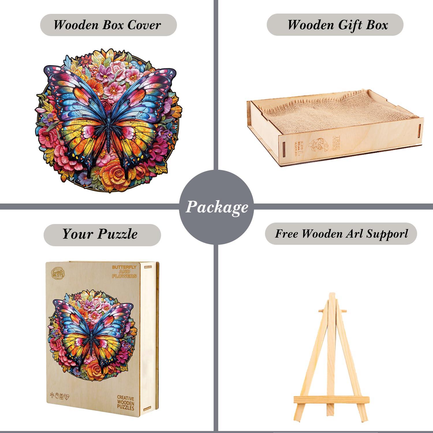 Jigfoxy Jigfoxy Wooden Puzzle for Adults, Butterfly and Flowers Wooden Jigsaw Puzzles for Adults, Unique Animal Shape Wood Cut Puzzles for Family Friend Puzzle Lovers(L-13.4 * 13.1in-300pcs)