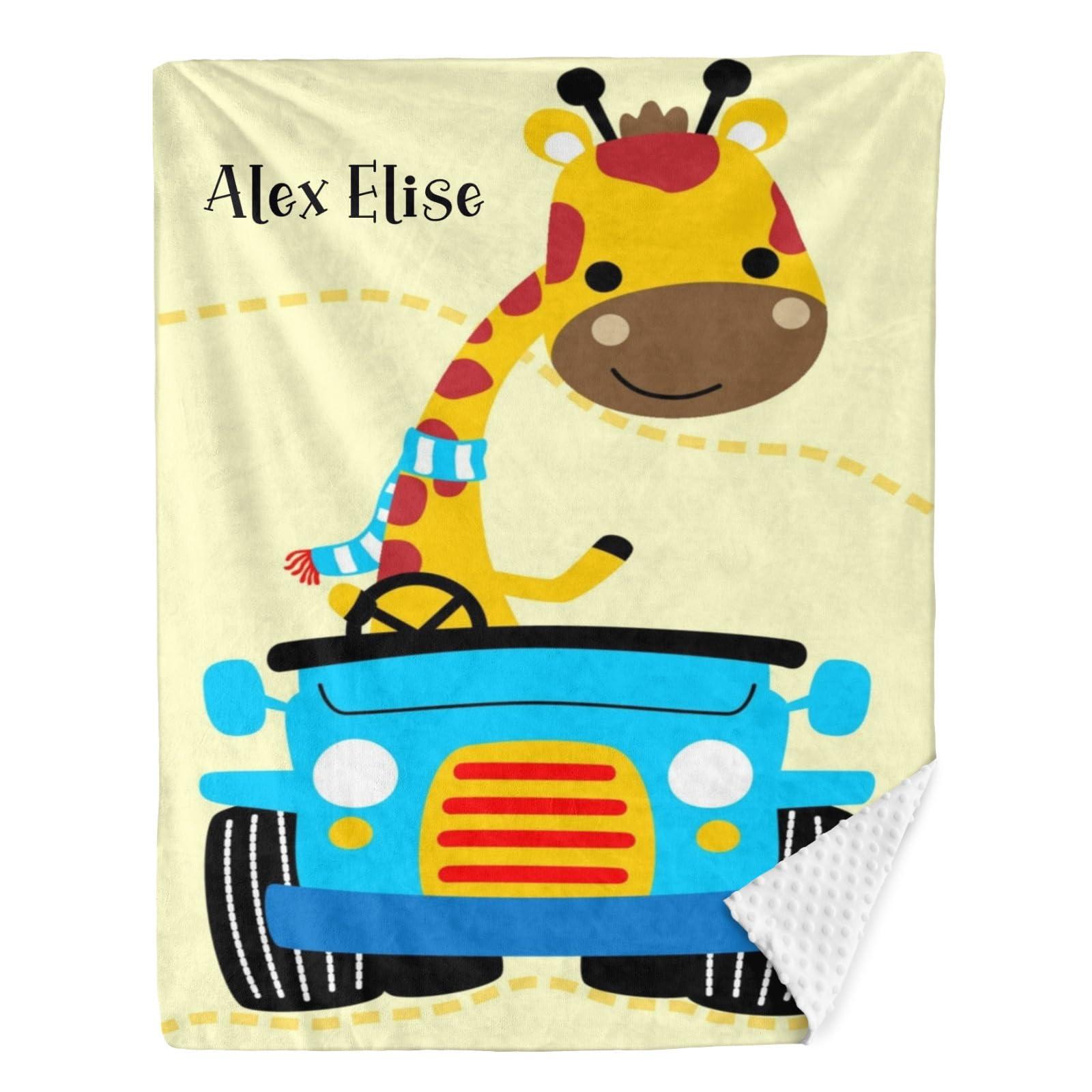 Joyestore Giraffe Cartoon Car Personalized Baby Blanket Boys Girls Soft Minky Blanket Double Layer Dotted Custom Newborn Shower Gifts 35X45 in