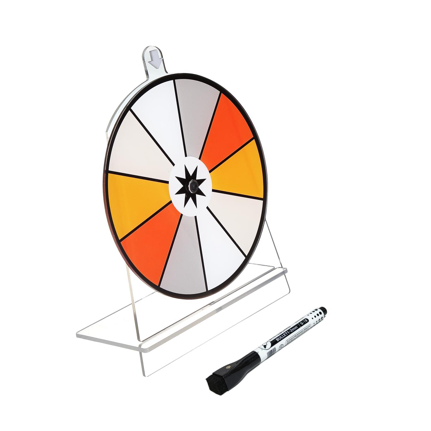 iobiotio iobiotio Small Prize Wheel with Pen, 6 inch Spinning Wheel for Prizes with Stand, 10 Slots Color Small Tabletop Roulette Spinner, Easy Assembly and Erasable, Portable, 6 inch, Arylic Clear