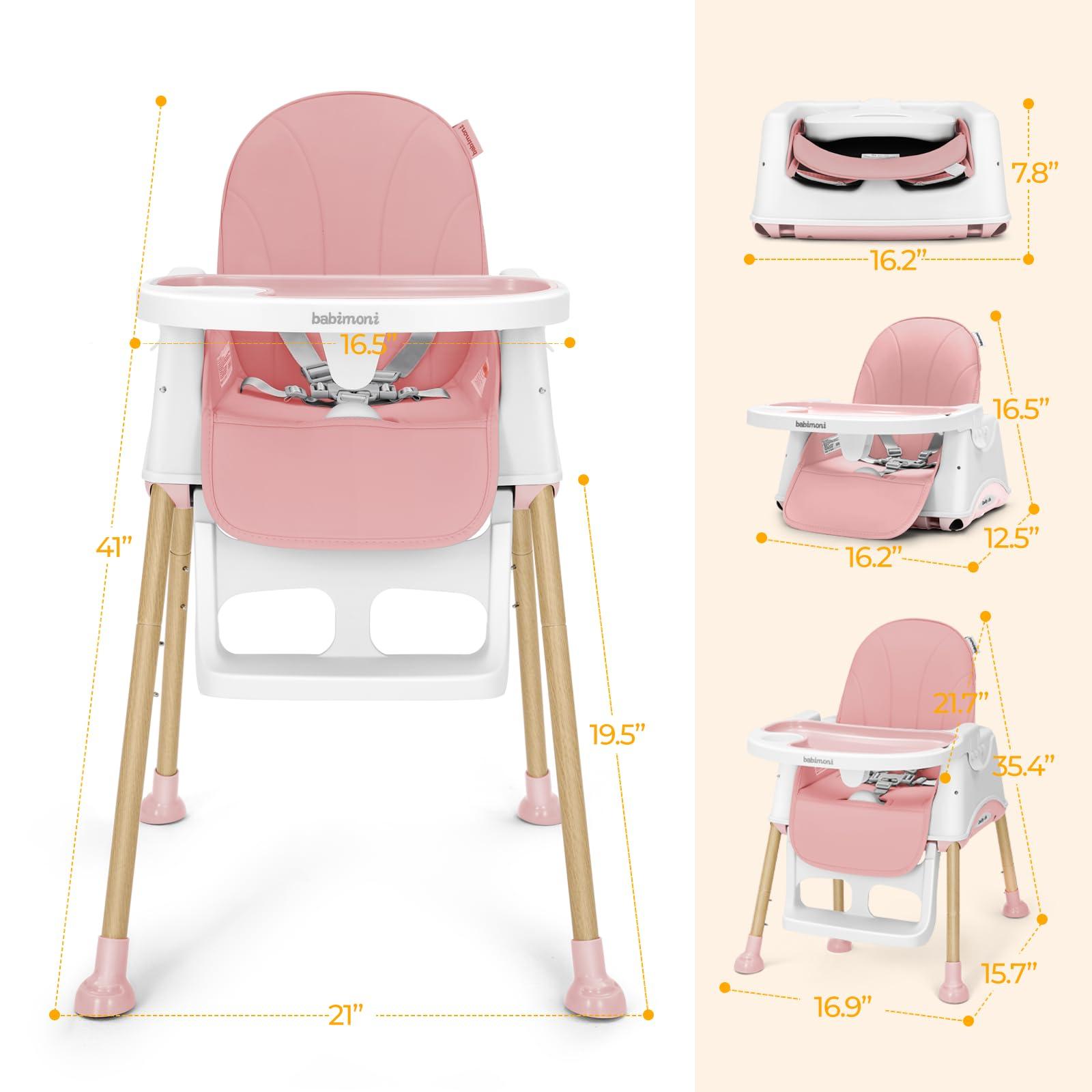 babimoni babimoni 3 in 1 High Chairs for Babies and Toddlers, Convertible High Chair, High Chair with Foot Rest and Double Tray, Easy to Clean, Compact and Versatile, Perfect for Growing Kids, Pink