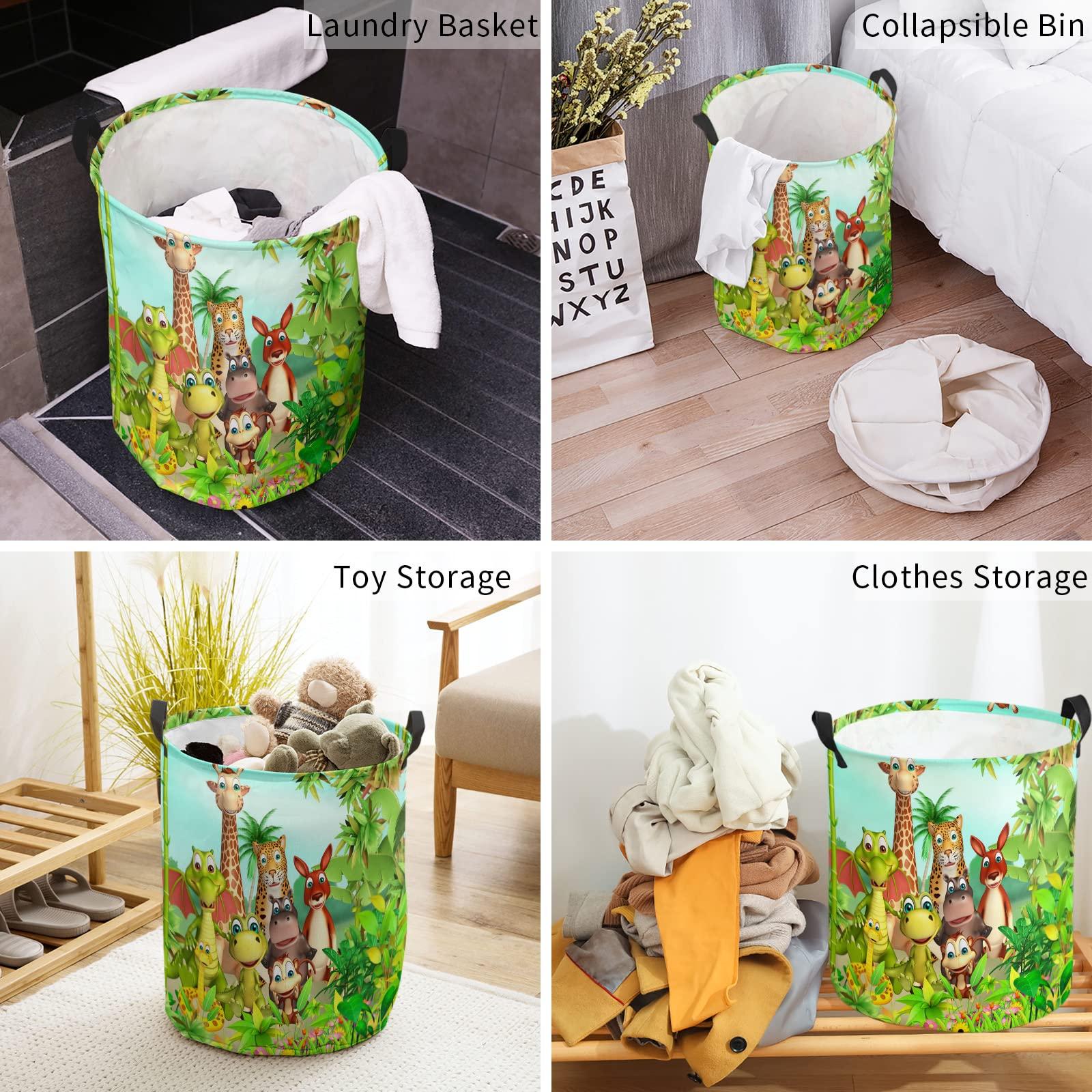ARTSHOWING Jungle Animals Large Laundry Basket Waterproof Round Laundry Hamper with Handles Collapsible Storage Bin Cartoon Animals Dinosaur and Kangaroo in the Forest Dirty Clothes Hampers Toy Organizer Boxes