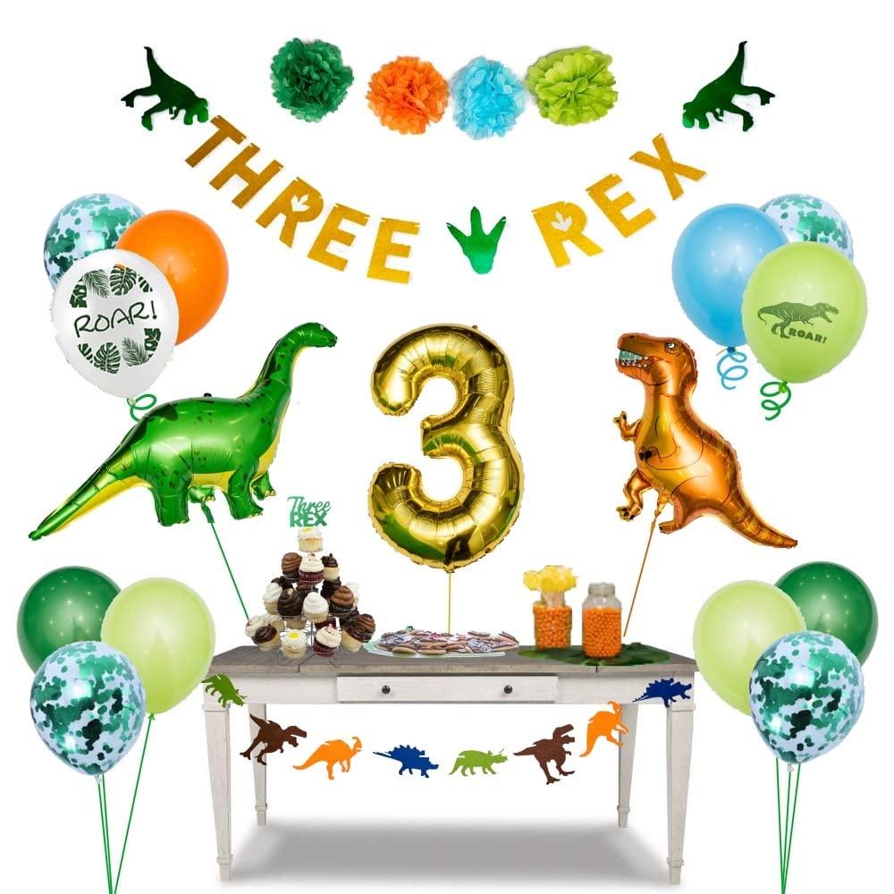 Abby and Steph Three Rex Birthday Party Decorations - 3 rex birthday decorations boys w/ 2 dinosaur birthday banner - 3rd birthday decorations for boys - three rex birthday party decorations boy - three rex balloons