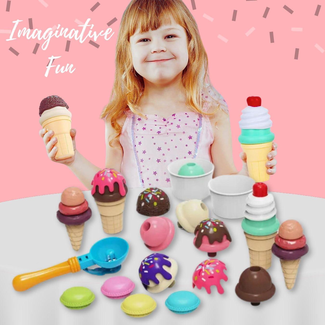 Liberty Imports 32 PCS Ice Cream Cart Toys for Toddlers, Kids Pretend Play Food Scoop & Serve Macaroon Dessert Set, Kitchen Accessories Icecream Shop Wagon