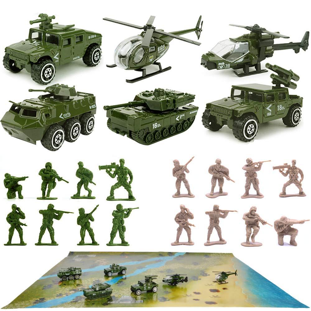 DUNRIOG TOYS 23 Pack Die-cast Military Vehicles Sets,6 Pack Assorted Alloy Metal Army Models Car Toys,16 Pack Soldier Army Men,1 Playmat,Mini Army Toy Tank,Panzer,Anti-Air Vehicle,Helicopter Playset for Kids Boys