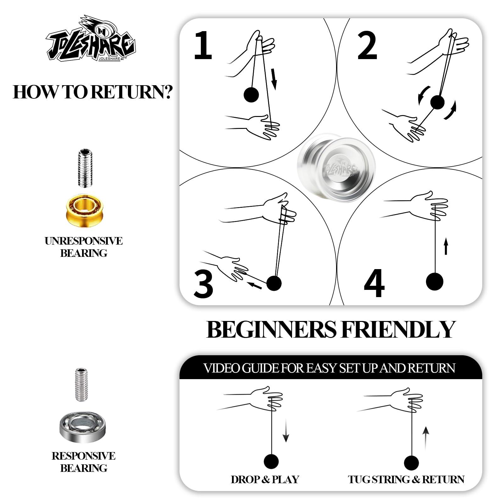 JOLESHARE JOLESHARE Professional Unresponsive Yoyo for Pros and Responsive Yoyos for Kids Beginners, Package Includes Replaceable Responsive Bearings, yo-yo Gloves, and 5 yo-yo Cords(Silver)