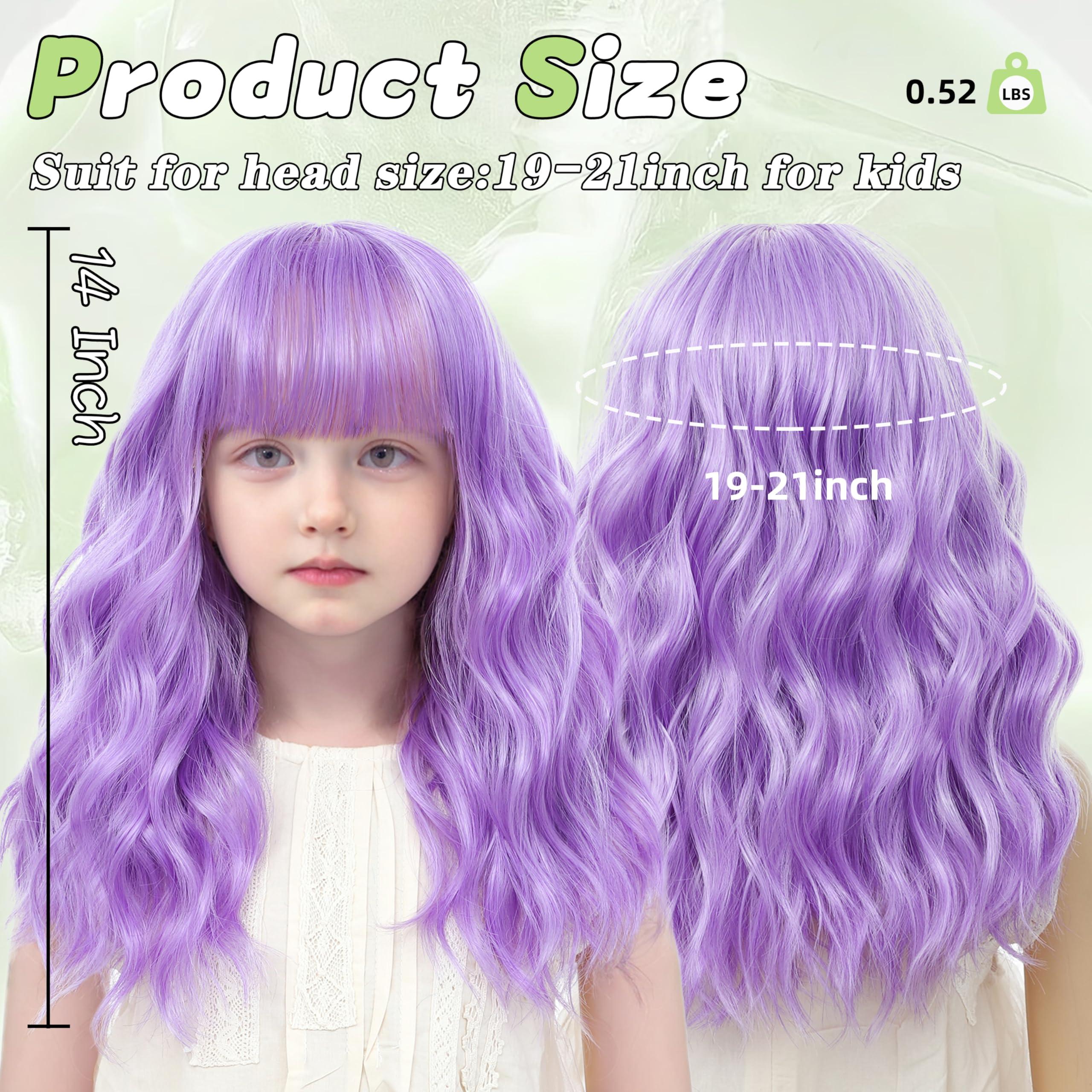 BUPPLER BUPPLER Kids Purple Wig with Bangs 14 Inch Halloween Cosplay Wigs for Kids Girls Wavy Hair Synthetic Wig with Upgraded Strands,Shoulder Length Wig for Costume Parties (14 Inch,Purple)