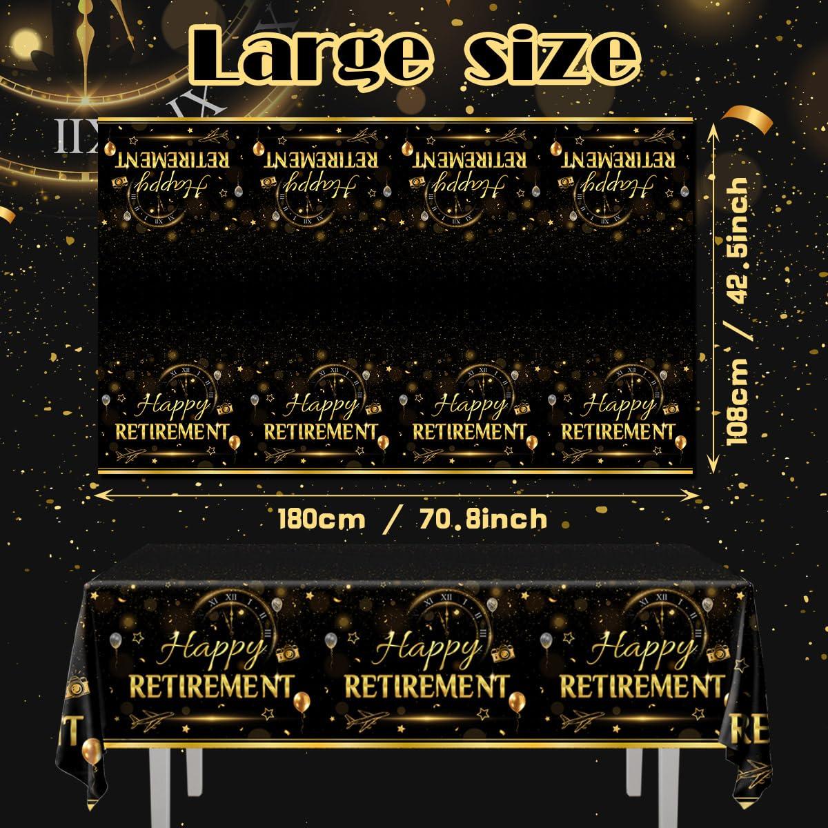GREHUMOR GREHUMOR Happy Retirement Tablecloth 3Pcs-Retirement Party Decorations Black and Gold Tablecloth Plastic Rectangle Disposable Table Cover Rectangle Waterproof