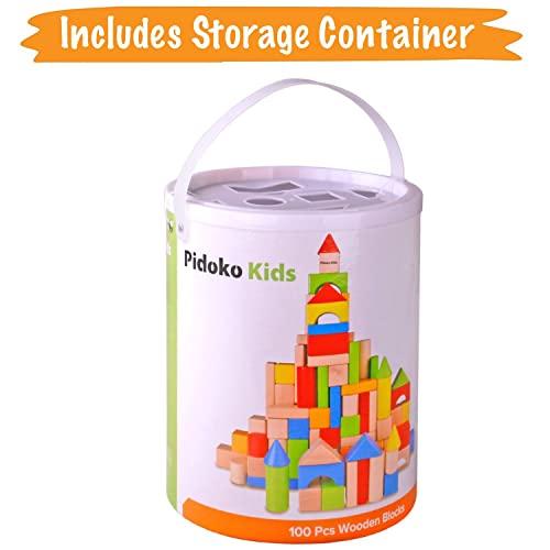 Pidoko Kids Pidoko Kids Wooden Blocks - 100 Pcs - Building Blocks for Toddlers - Includes Storage Container with Shape Sorter Top - Hardwood Plain & Colored Wood Blocks - Preschool Block Learning Toys