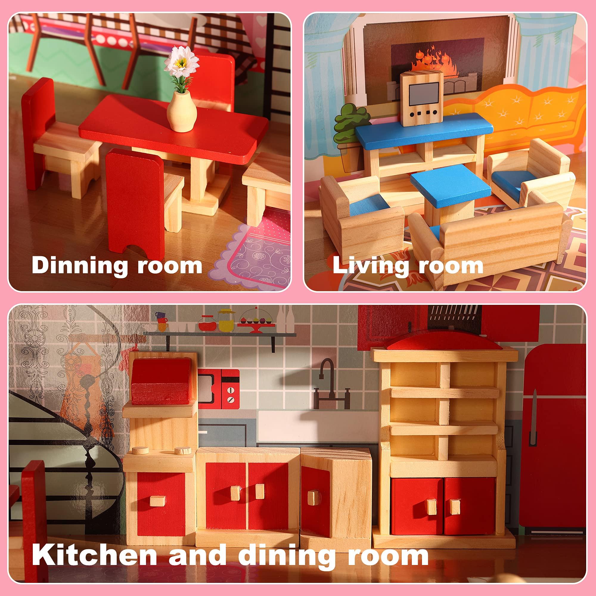 Giragaer Giragaer Wooden Dollhouse Furniture 5 Set, Wood Doll House Miniature Bathroom/ Living Room/ Dining Room/ Bedroom/ Kitchen House Furniture Doll Decoration Accessories Pretend Play Kids Toy Colorful…