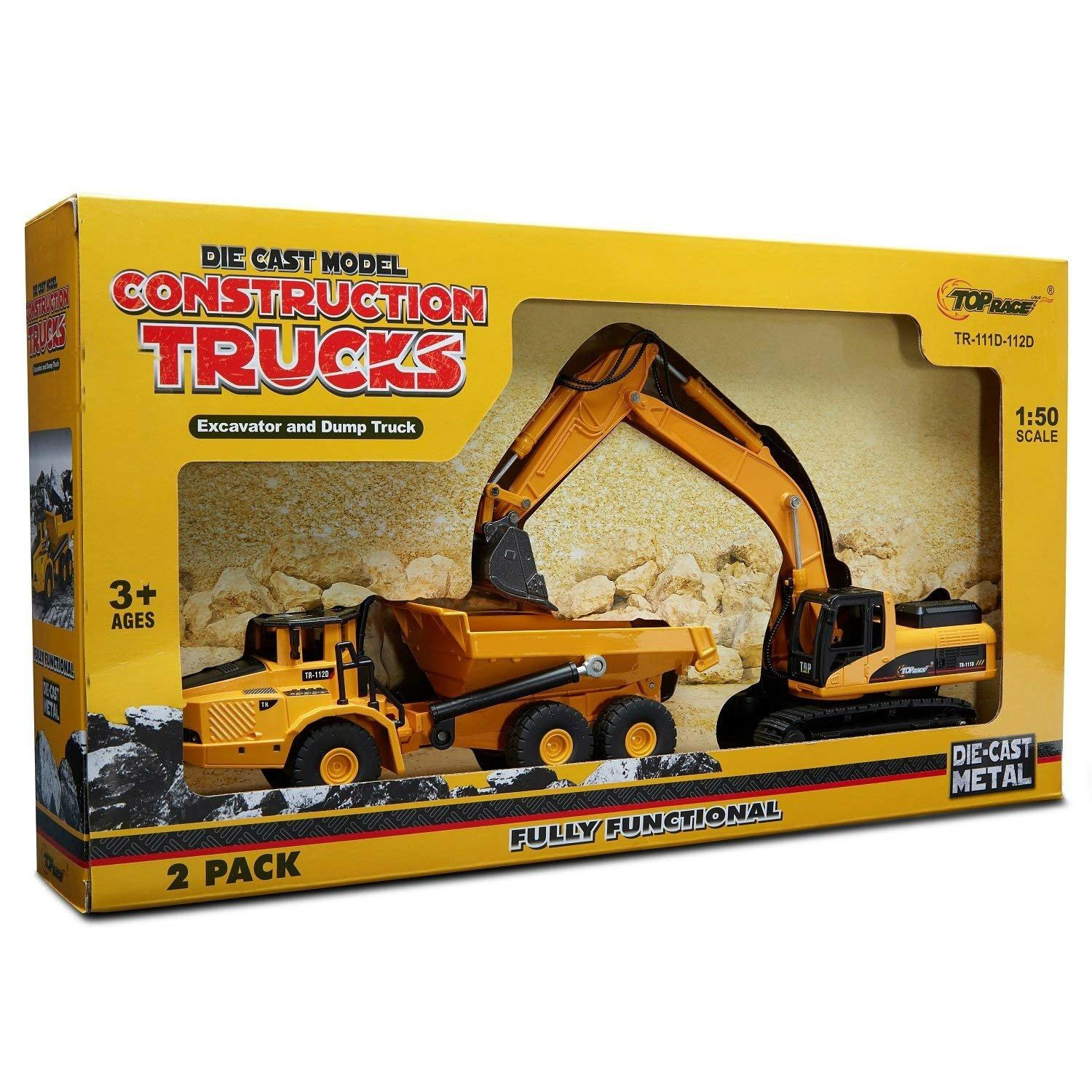 Top Race Top Race Construction Toys Set - Metal Excavator Toy, Dump Truck Toy for Kids - Realistic Toy Trucks with Moving Parts for Indoor, Outdoor Play - Durable Construction Vehicles for Boys and Girls
