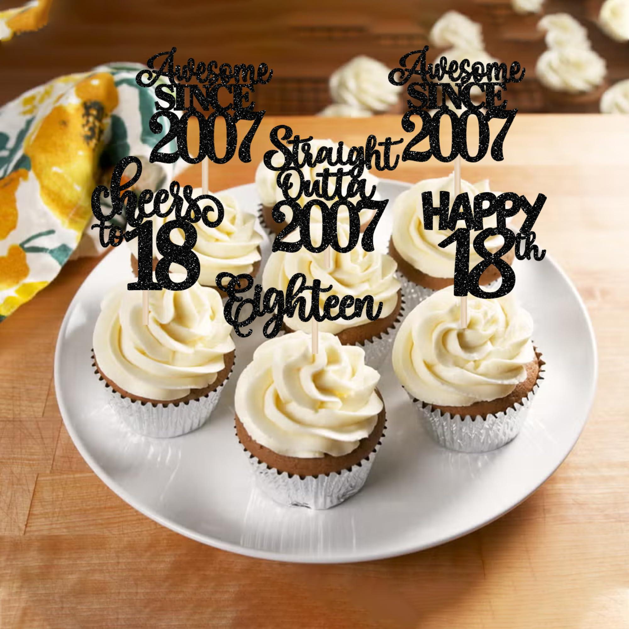 YCTHUNFISH 30 Pack 18th Birthday Cupcake Toppers Glitter Straight Outta 2007 Happy 18th Eighteen Awesome Since 2007 Cupcake Picks 18 Fabulous Cake Decorations for 18th Birthday Wedding Anniversary Party Black