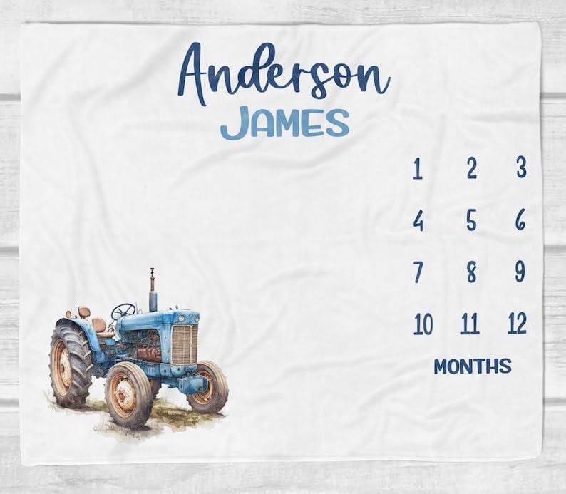 ToysCentral Basics Personalized Baby Blanket for Boys - Tractor Milestone Blanket - Baby Milestone Blanket with Name - Blue Tractor Blanket for Baby - Farm Baby Month Blanket - Newborn Baby Boy Gift