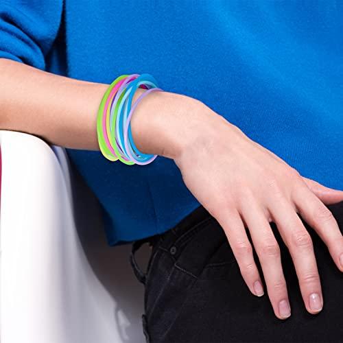 Jolbndcv Jelly Bracelets 100Pcs Glow in Dark Bracelet 80s Colorful Neon Jelly Bracelets Retro Rock Pop Star Rainbow Diva Disco Jelly Neon Gel Stretchable Bracelets Bands