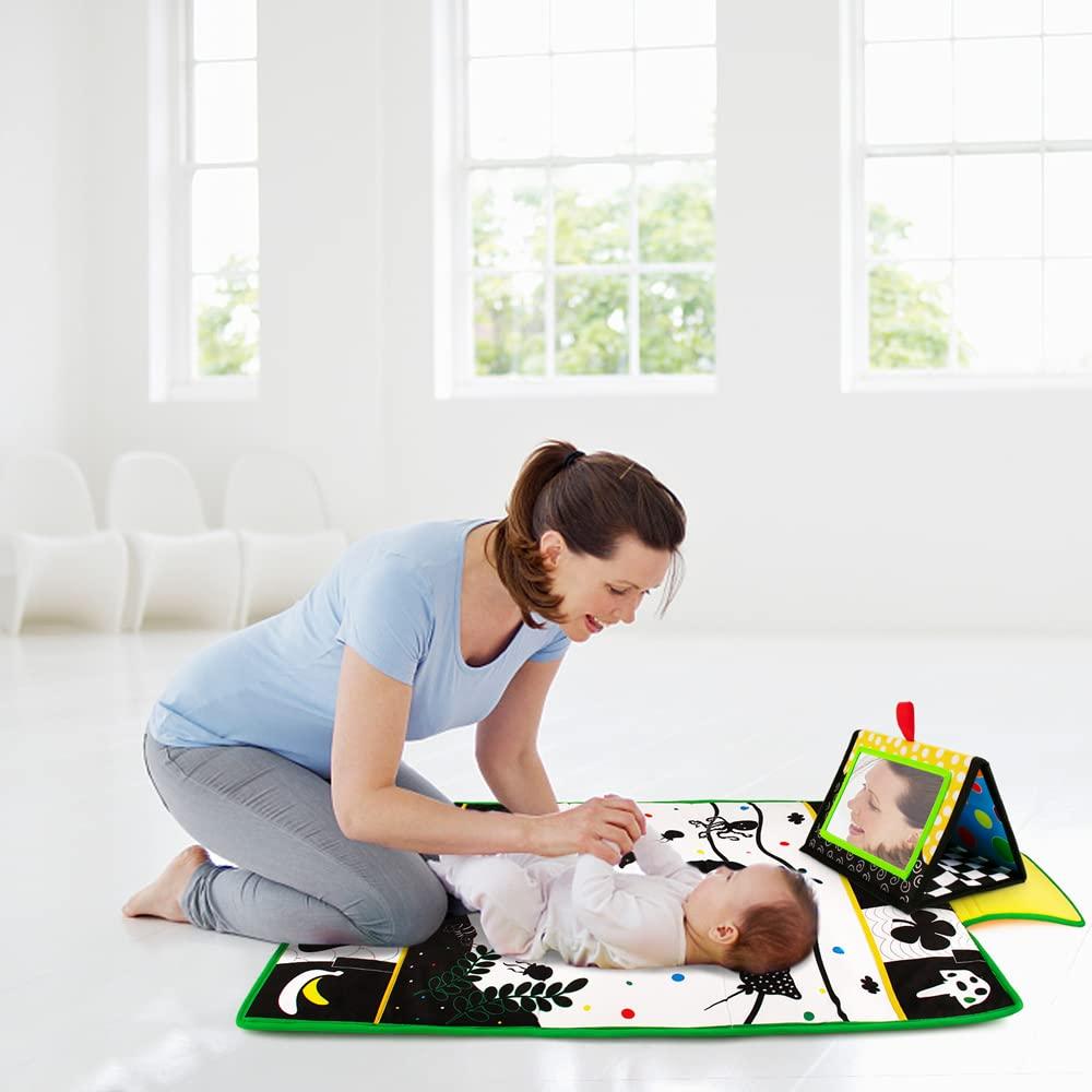 Inbeby Inbeby Tummy Time Mirror & Play Mat & Pillow 3-in-1, High Contrast Black and White Baby Toys, Activity Mat for Early Education, Newborn Infant Tummy Time Toy Set for 0 3 6 12 Month Crinkle/Squeake