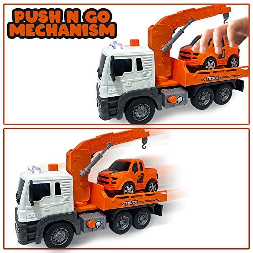 ArtCreativity ArtCreativity Light Up Tow Truck Toy, Scale Model Tow Truck with Movable Flat Bed, Lights, Sound, and Small Car Toy for Kids, Interactive Tow Truck Toys for Boys and Girls, for Ages 3 and Up