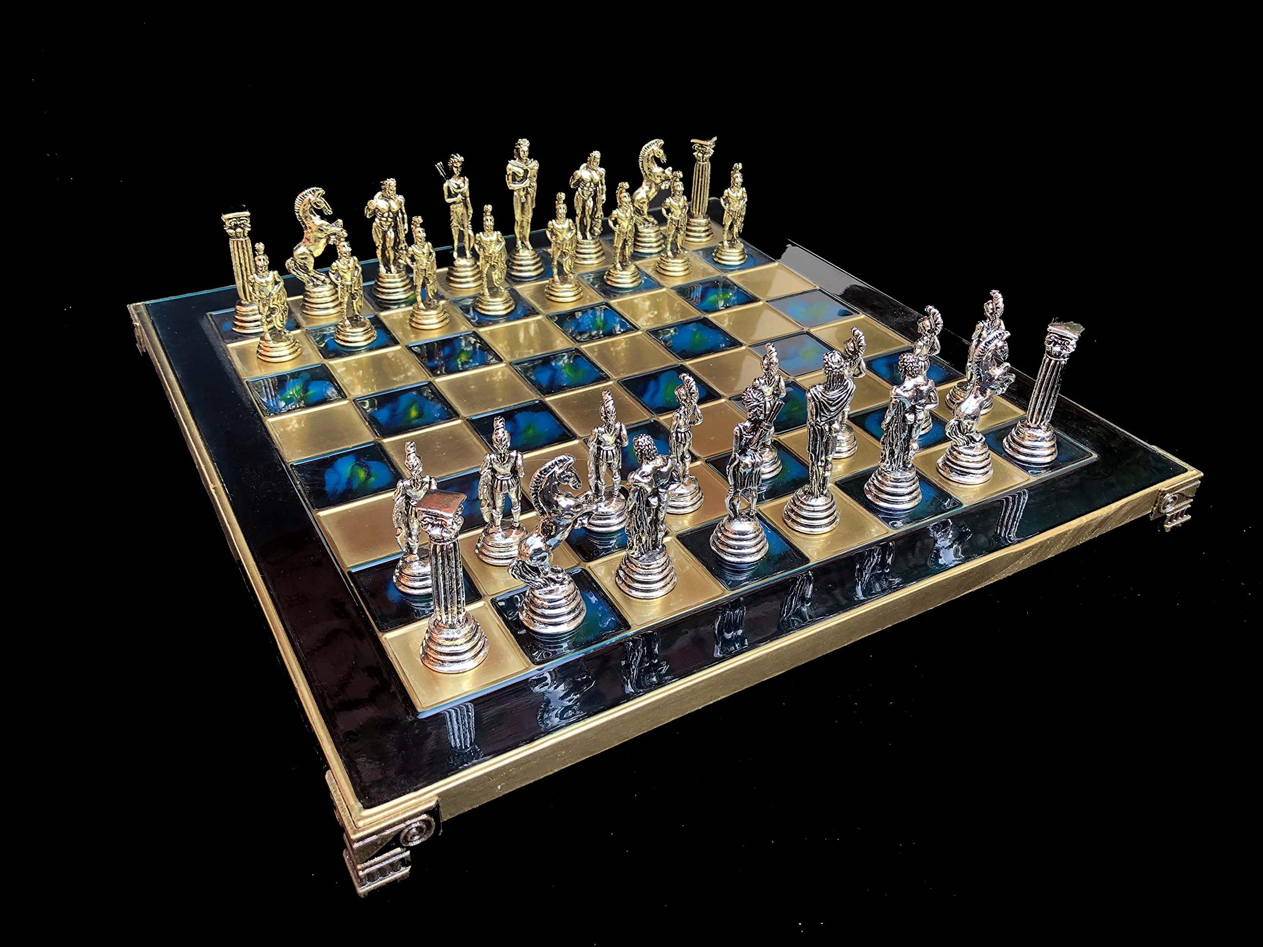 The Chess Empire The Chess Empire --Greek Warrior Complete Metal Weighted Luxury Chess Set with 32 x 32 cm Turquoise Oxidation Chess Board with Chess Pieces-Luxury Metal Unique Chess Set