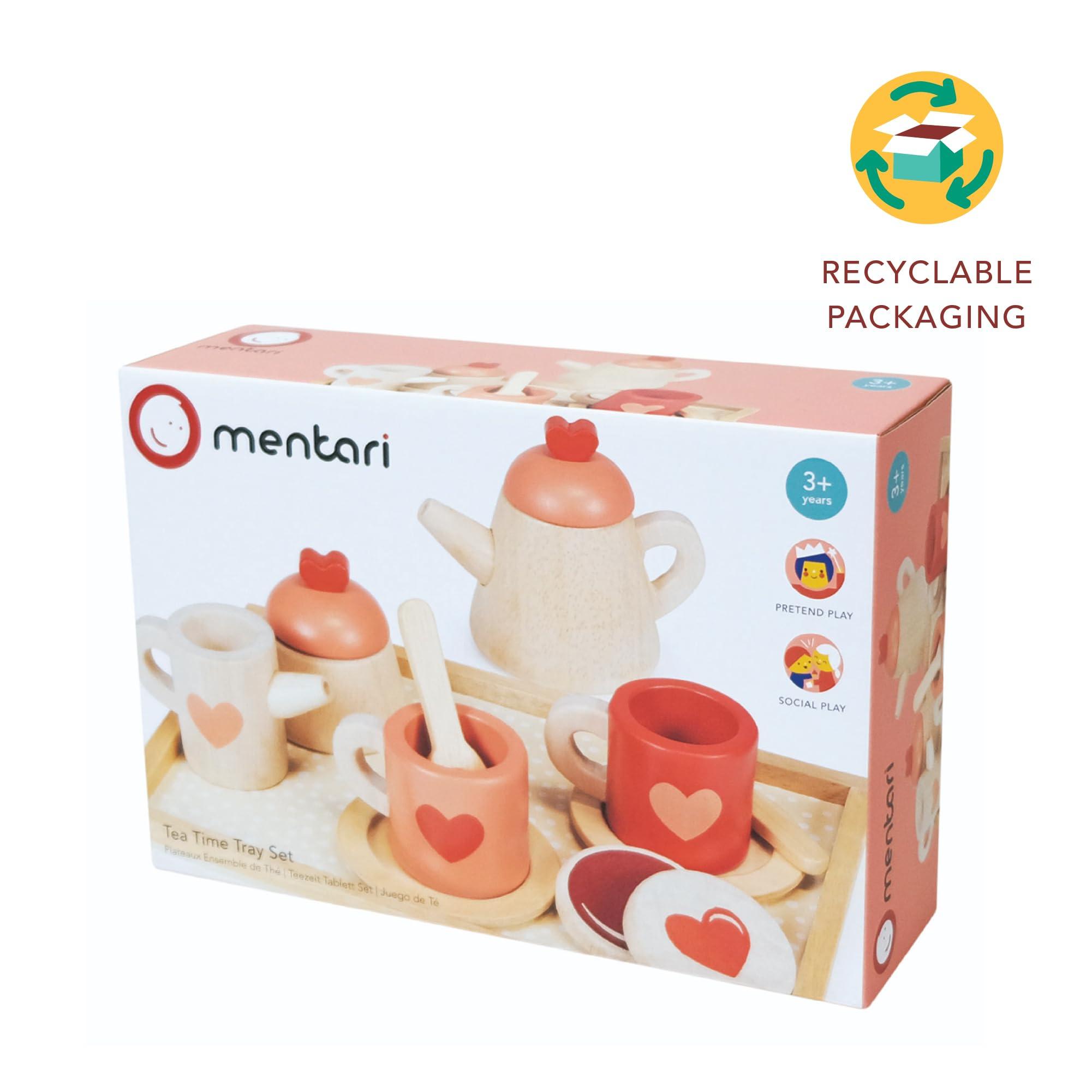 Mentari Mentari Toys - Tea Time Tray Set - Wooden Pink Teapot, Cups and Trays for Pretend Afternoon Tea Party - Social, Creative, and Imaginative Development - Learning Role Play - Age 3+
