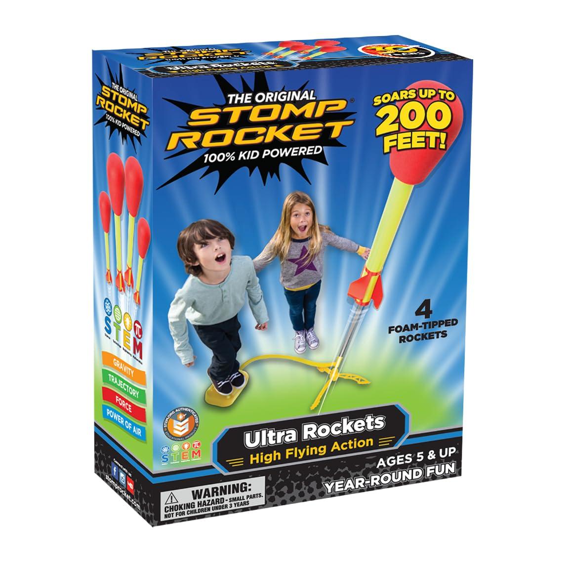 Stomp Rocket Stomp Rocket Ultra Rocket Launcher for Kids, 4 Rockets - Fun Backyard & Outdoor Kids Toys Gifts for Boys & Girls - High Flying Toy Foam Blaster Set - Multi-Player Adjustable Launch Stand