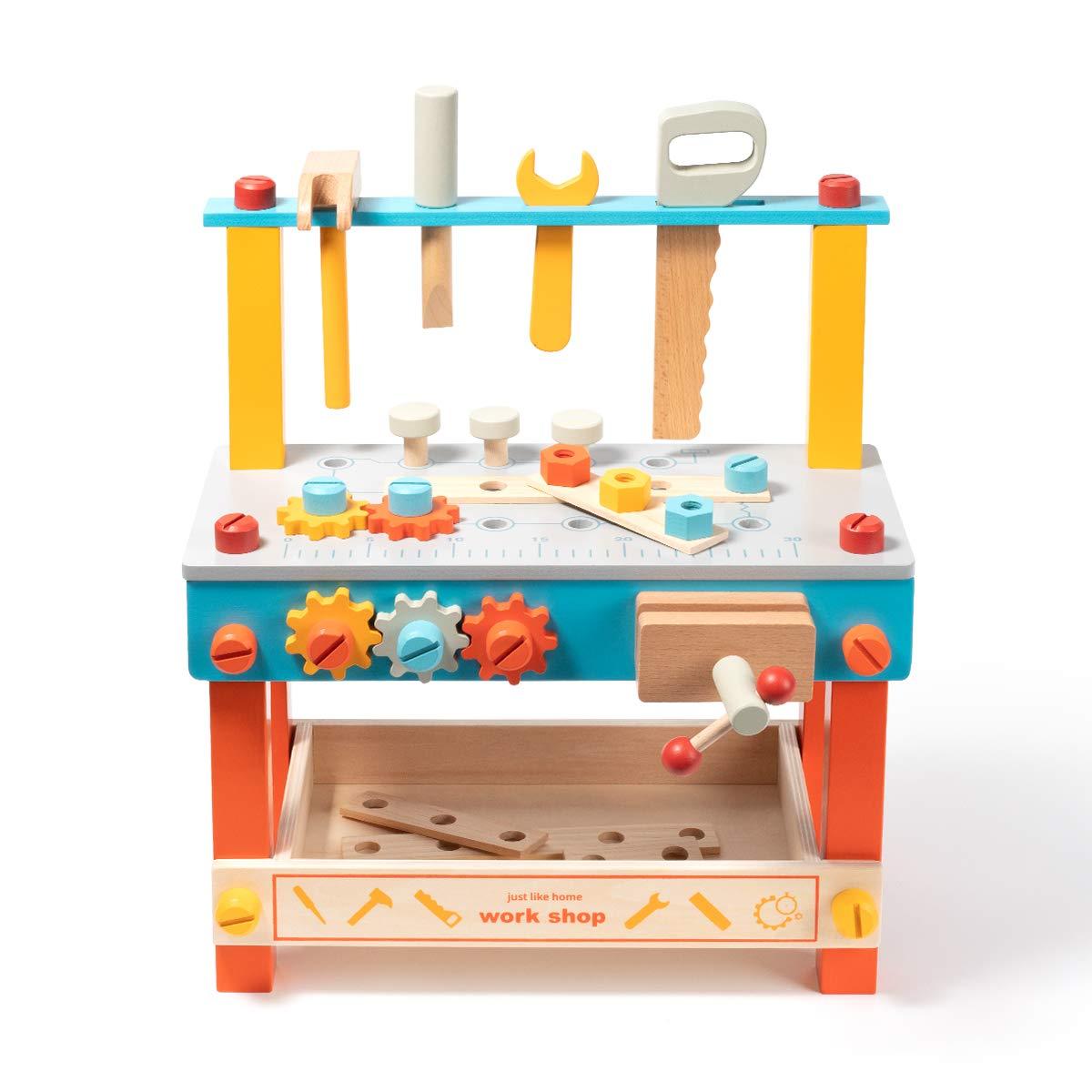 yoptote Mini Wooden Play Tool Workbench Set for Kids & Toddlers,Building Pretend-Play-Toys with Wrench,Screwdriver,Miter Saw and Hammer,Birthday for Boys Girls 3 Year Old and Up