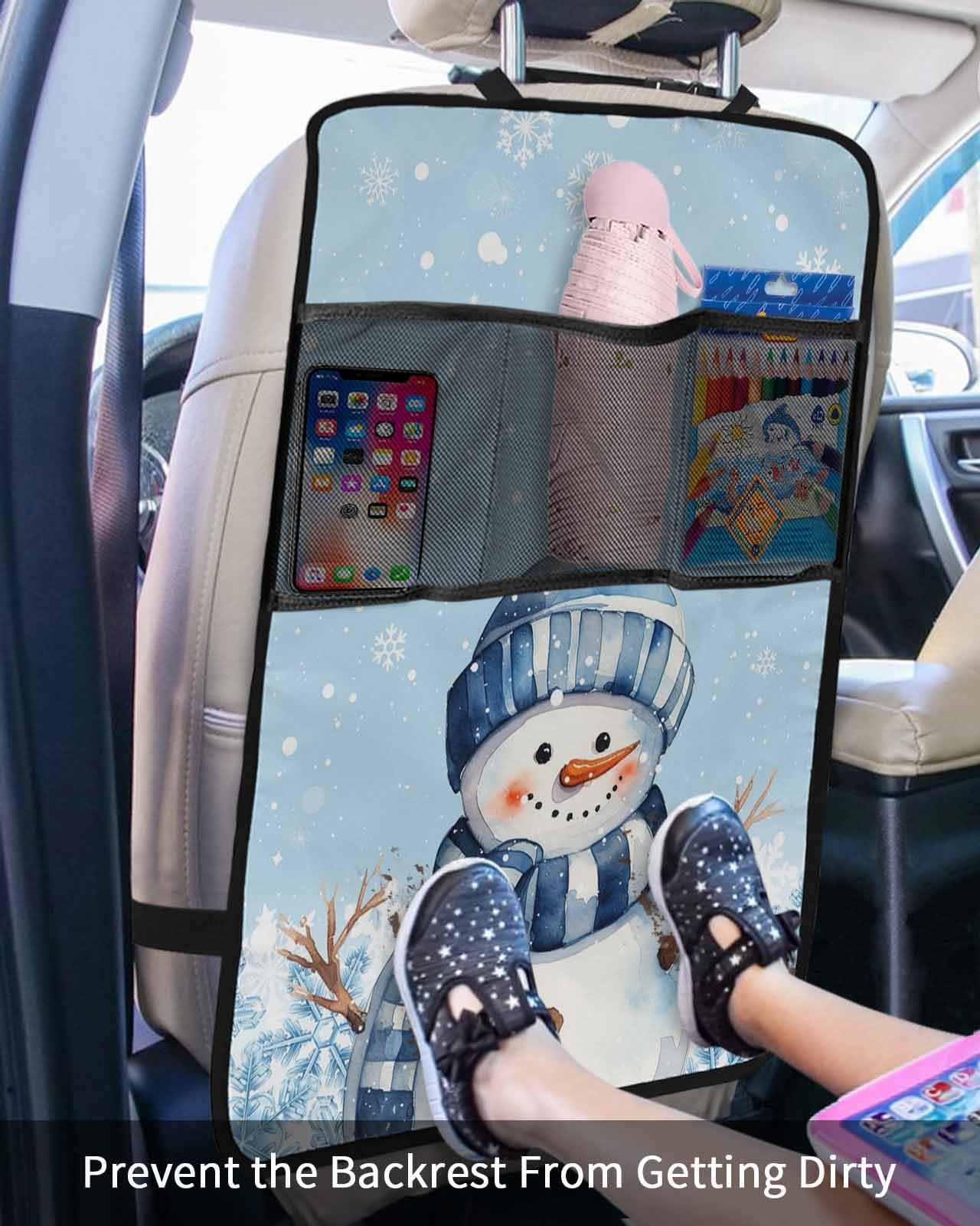 T&H XHome Car Seat Protector, 2 Pack Kick Mats with Organizer - 3 Pocket Storage, Blue Christmas Snowman Striped Cap and Scarf Snowflake Back Seat Cover for Kids Universal Fit Automotive Interior Protectors