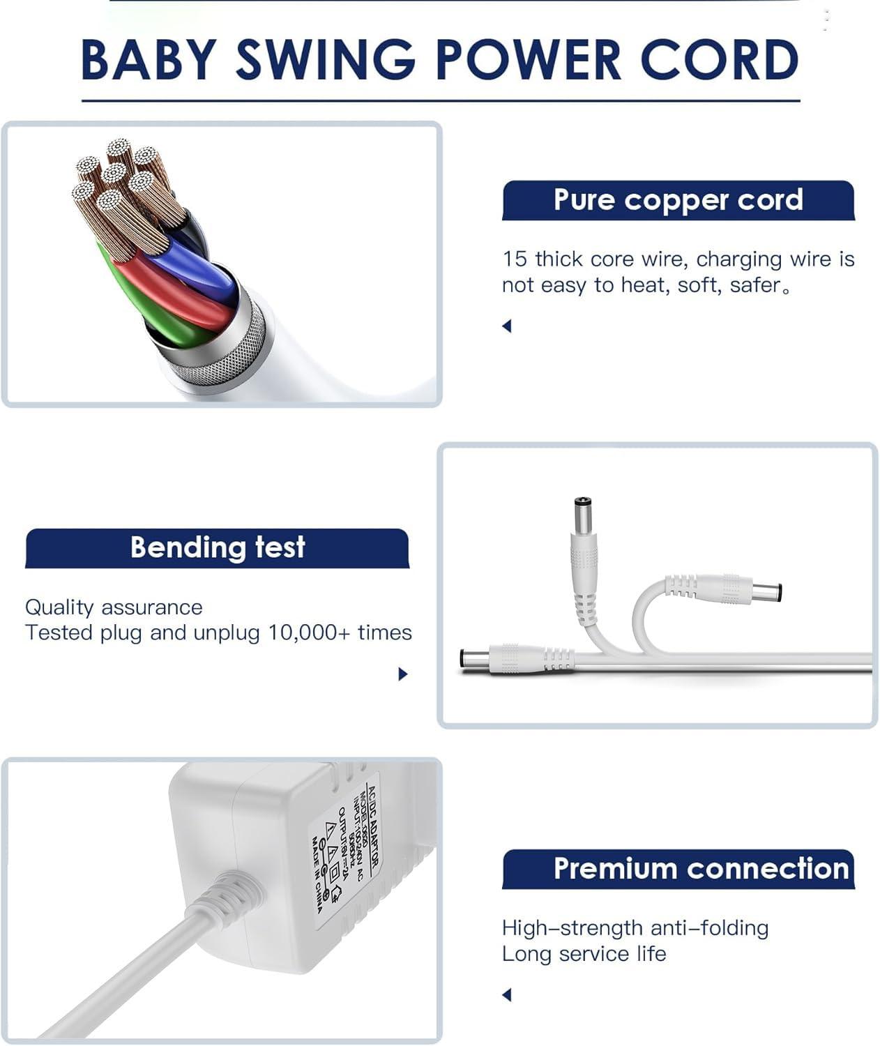 ZCYYJML Baby Swing Power Cord,Baby Swing Electric Plug in for Fisher Price Swing/Ingenuity Swing/Graco Swing/Nova Baby Swing,2 Meters Power Adapter (6v-6ft-2m)