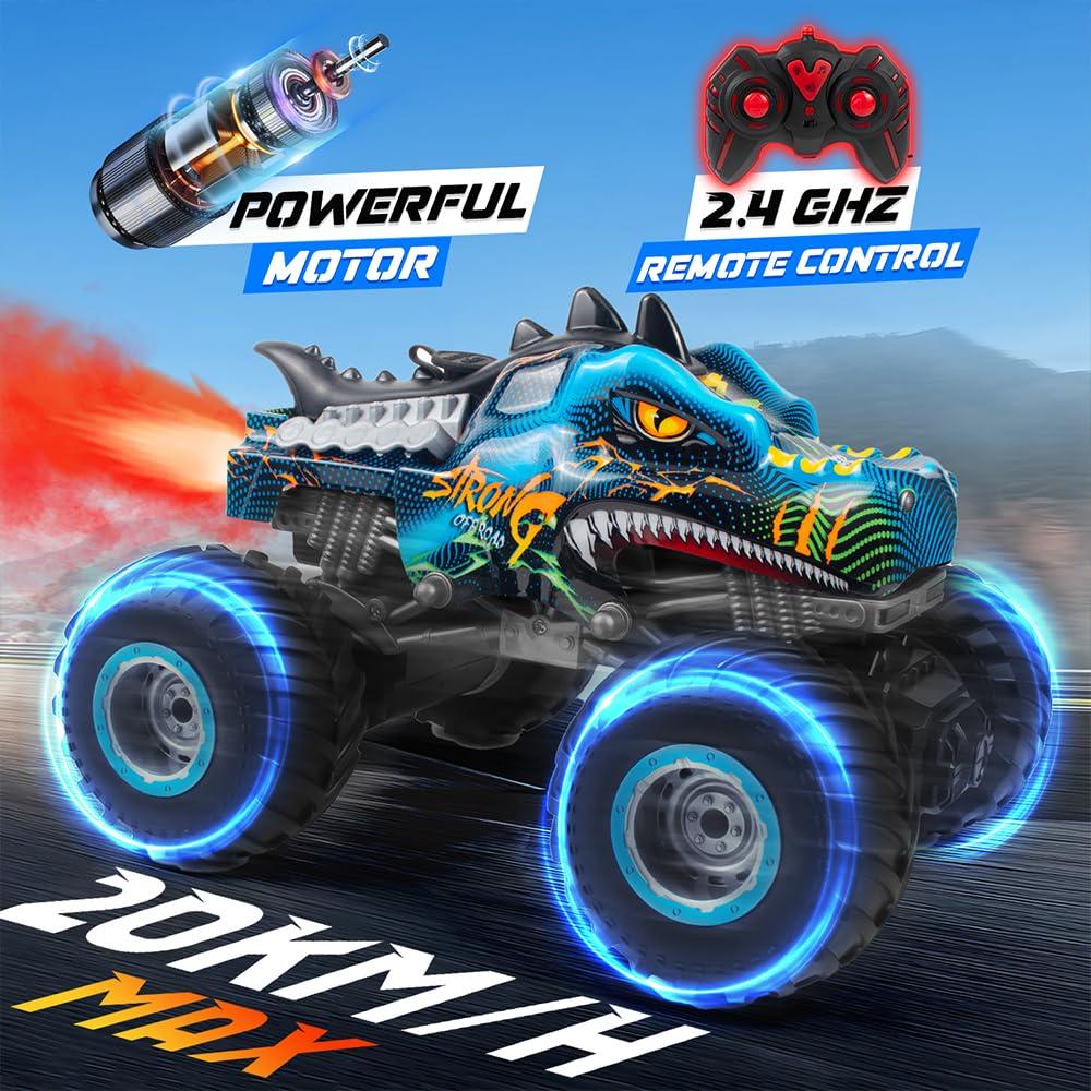 Rhybor Rhybor Remote Control Dinosaur Car, 2.4GHz All Terrain Remote Control Monster Truck, RC Dinosaur Monster Car, Spray Music Monster Truck RC Cars for Boys 4-7 8-12 and Girls