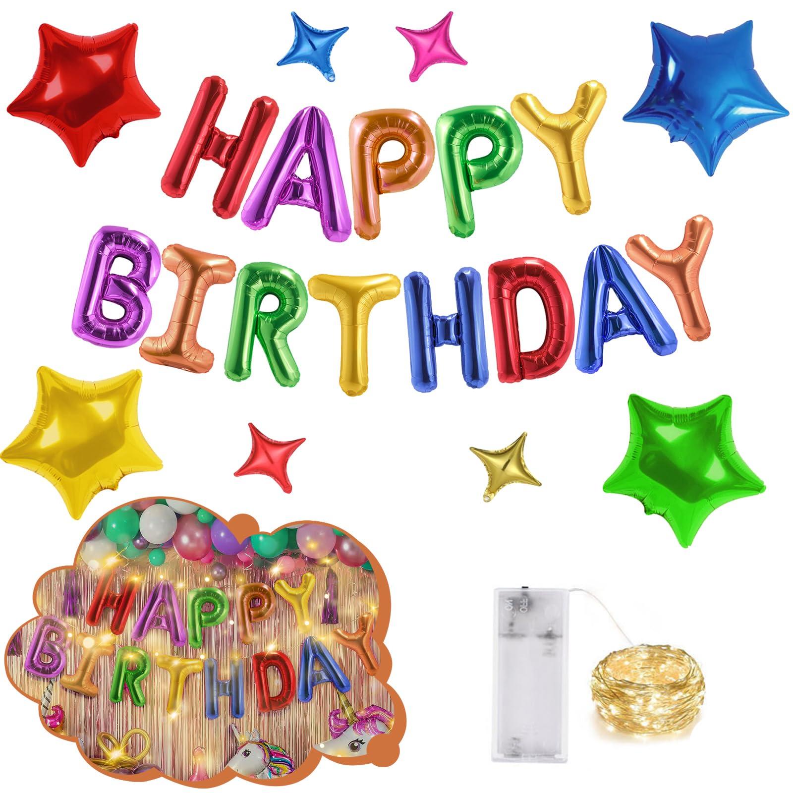 CANREVEL CANREVEL Happy Birthday Banner 13pcs 16 Inch Mylar Foil Letters Sign with 8pcs Star Balloons & LED Lights Birthday Party Decorations for Kids and Adults - 3D Rainbow