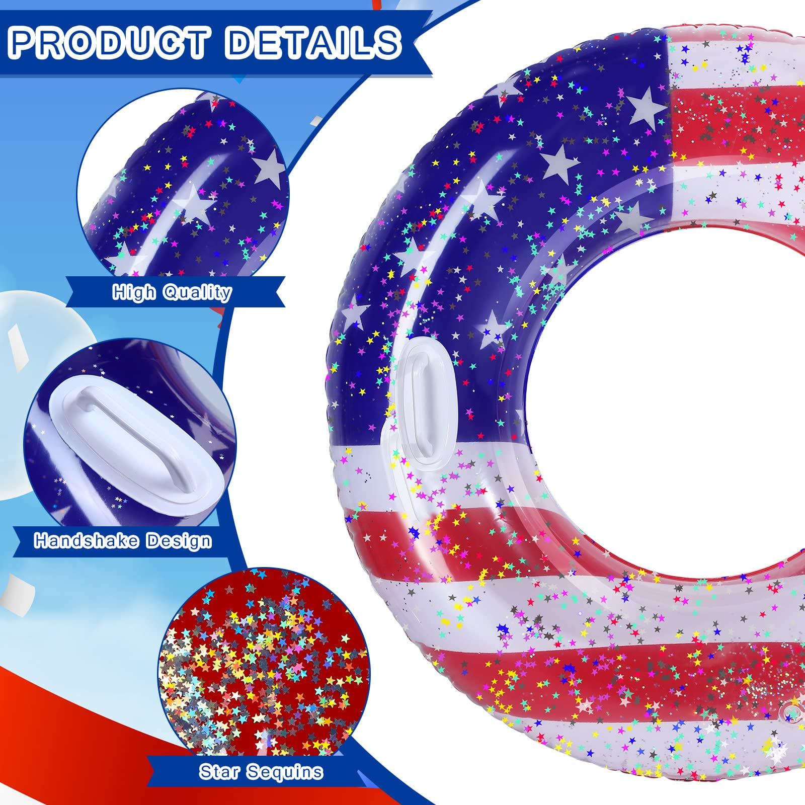 Leitee Leitee 2 Pcs Patriotic Inflatable Pool Float Tube with Handles USA Flag Inflatable Pool Float with Confetti Design Swimming Ring Float Summer Floaties for Adults Kid Beach Party (48 inch)