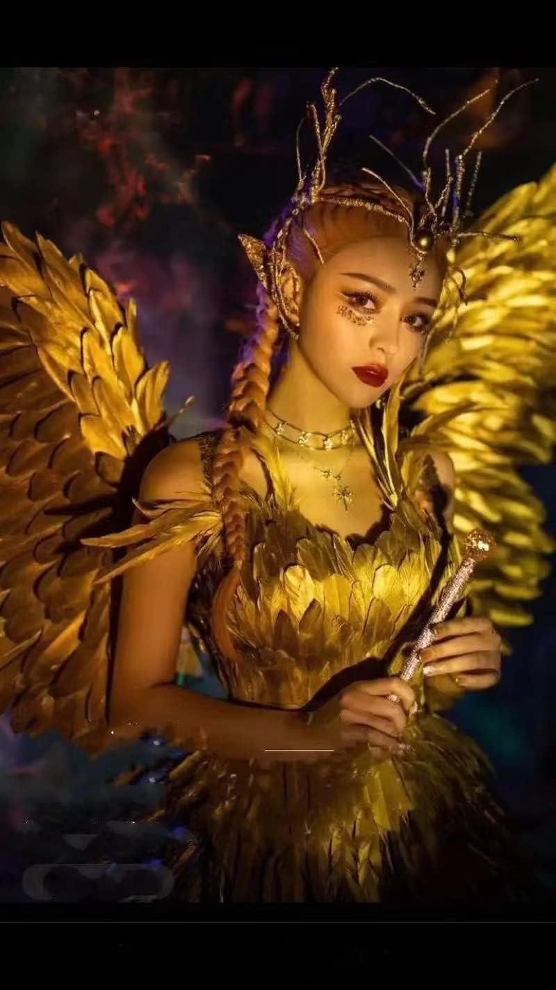 HoHoHuo HoHoHuo Gorgeous Gold Feather Fairy Wings Costume For a Luxurious Show Outfit at Carnivals and Festivals