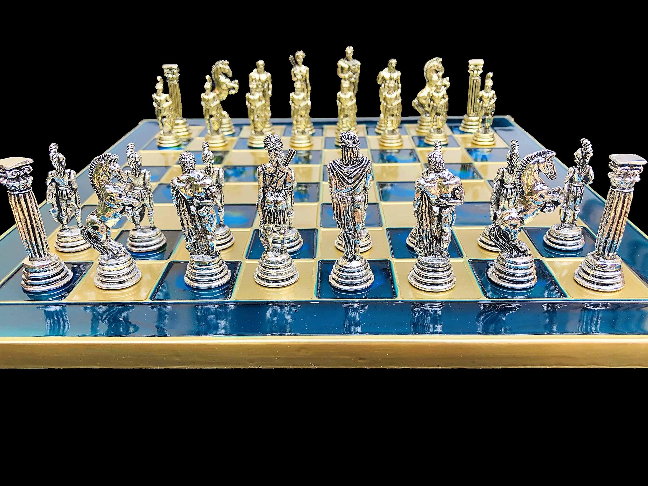 The Chess Empire The Chess Empire --Greek Warrior Complete Metal Weighted Luxury Chess Set with 32 x 32 cm Turquoise Oxidation Chess Board with Chess Pieces-Luxury Metal Unique Chess Set