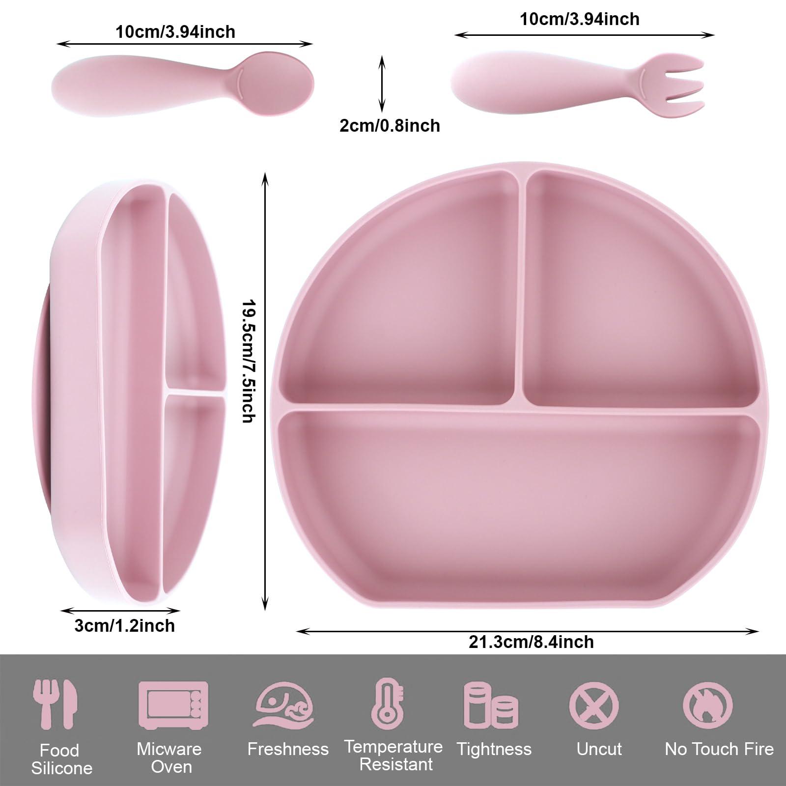 Nalchios Nalchois Silicone Kid Plate with Suction, Toddler Plates with Spoon & Fork, 100% Food-Grade Silicone Round Style, Non-Slip, Divided Plates for Toddlers & Kids, Dishwasher & Microwave Safe (Pink)