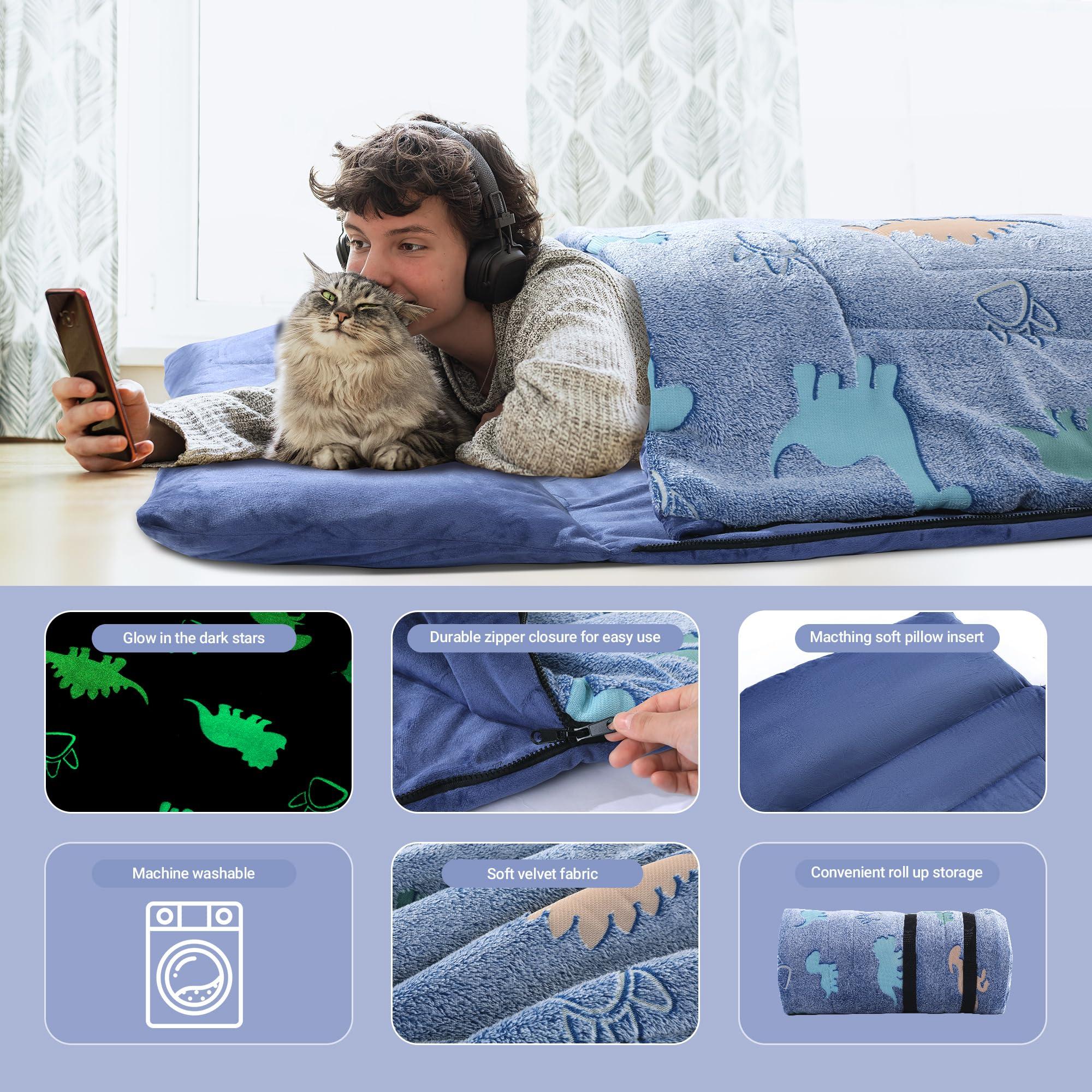 HOMBYS HOMBYS Glow in The Dark Sleeping Bags for 10~12 Years Old Kids, Soft Kids Nap Mat with Pillow and Blanket for Daycare School, Travel Sleep Bag for Childern Girls Boys Truck Travel Camping