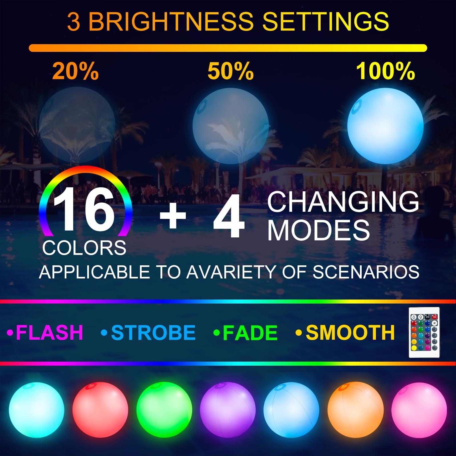 AMENON AMENON 4 Pack Glow in The Dark Beach Balls 16 Inch Inflatable Light Up Beach Ball with Remote Control 16 Colors Lights and 4 Light Modes Pool Game for Adult Kid Pool Party Decor,Glow Party Supplies