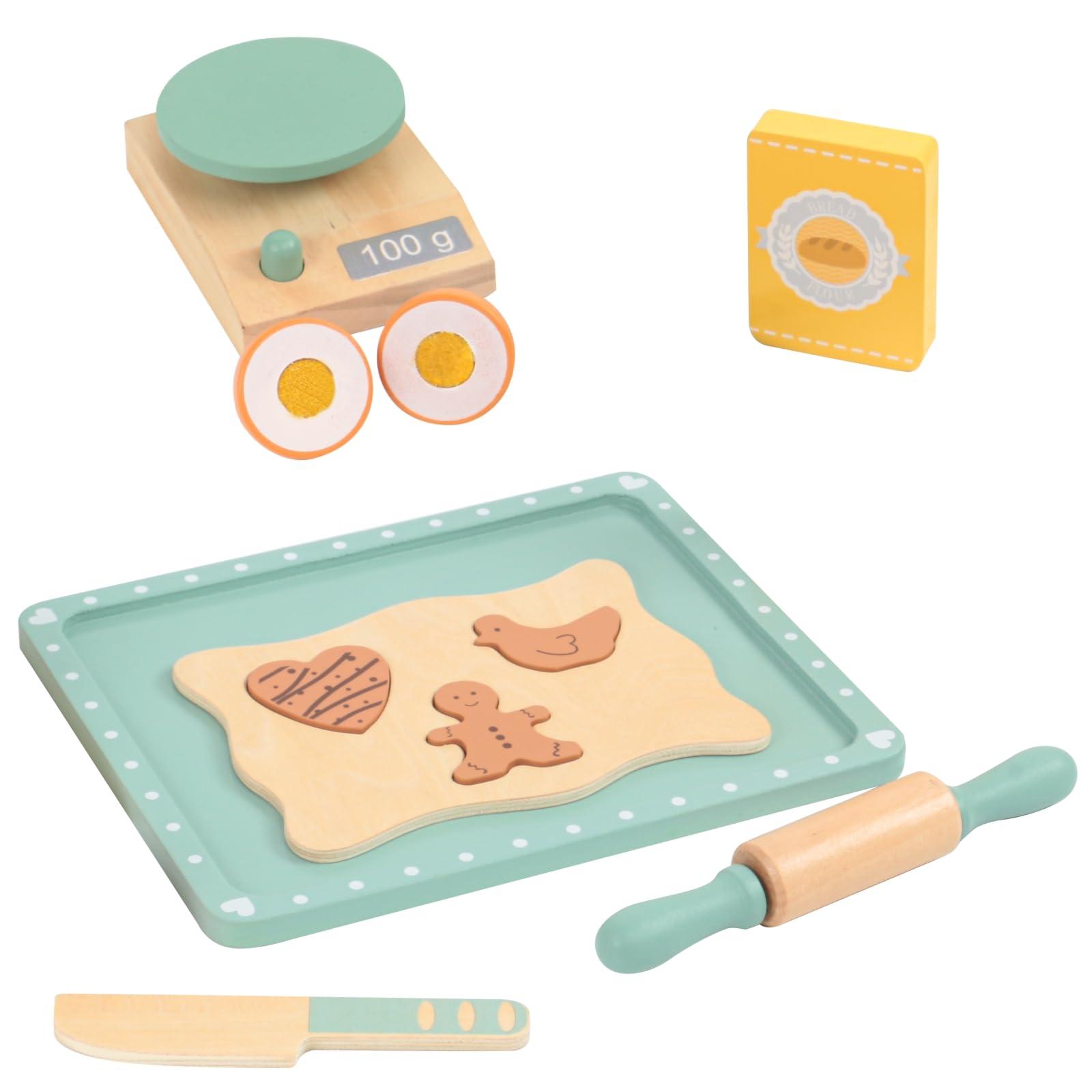 MIKNEKE Wooden Cookie Bake Play Food Set, Pretend Play Cookies and Baking for Toddlers, Montessori Play Kitchen Accessories Wooden Food Set for Kids (Cookie Maker)
