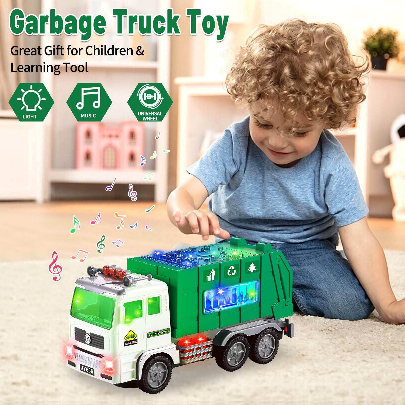 Ynanimery Toy Garbage Truck & Fire Truck & Construction Excavator Toys & Container Truck Toy Cars for Toddlers Boys 1-3 4-7 Birthday Gifts, Truck Car Toys with 4D Lights & Music- Automatic Bump Go Garbage Truck