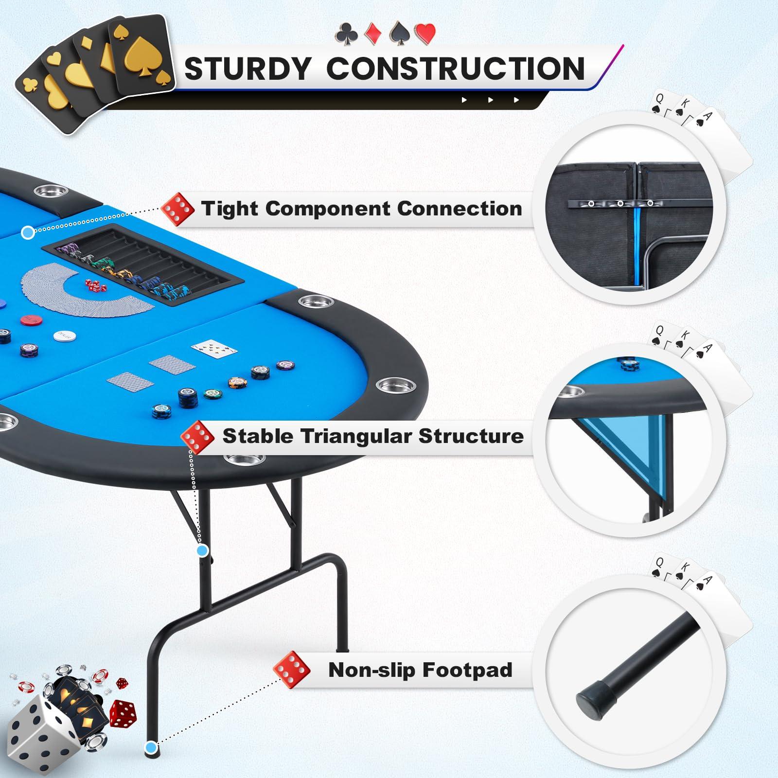 ECOTOUGE ECOTOUGE Poker Table w/Stainless Steel Cup Holder Casino Leisure Table, Top Texas Hold'em Poker Table w/Leg (Blue, Oval)