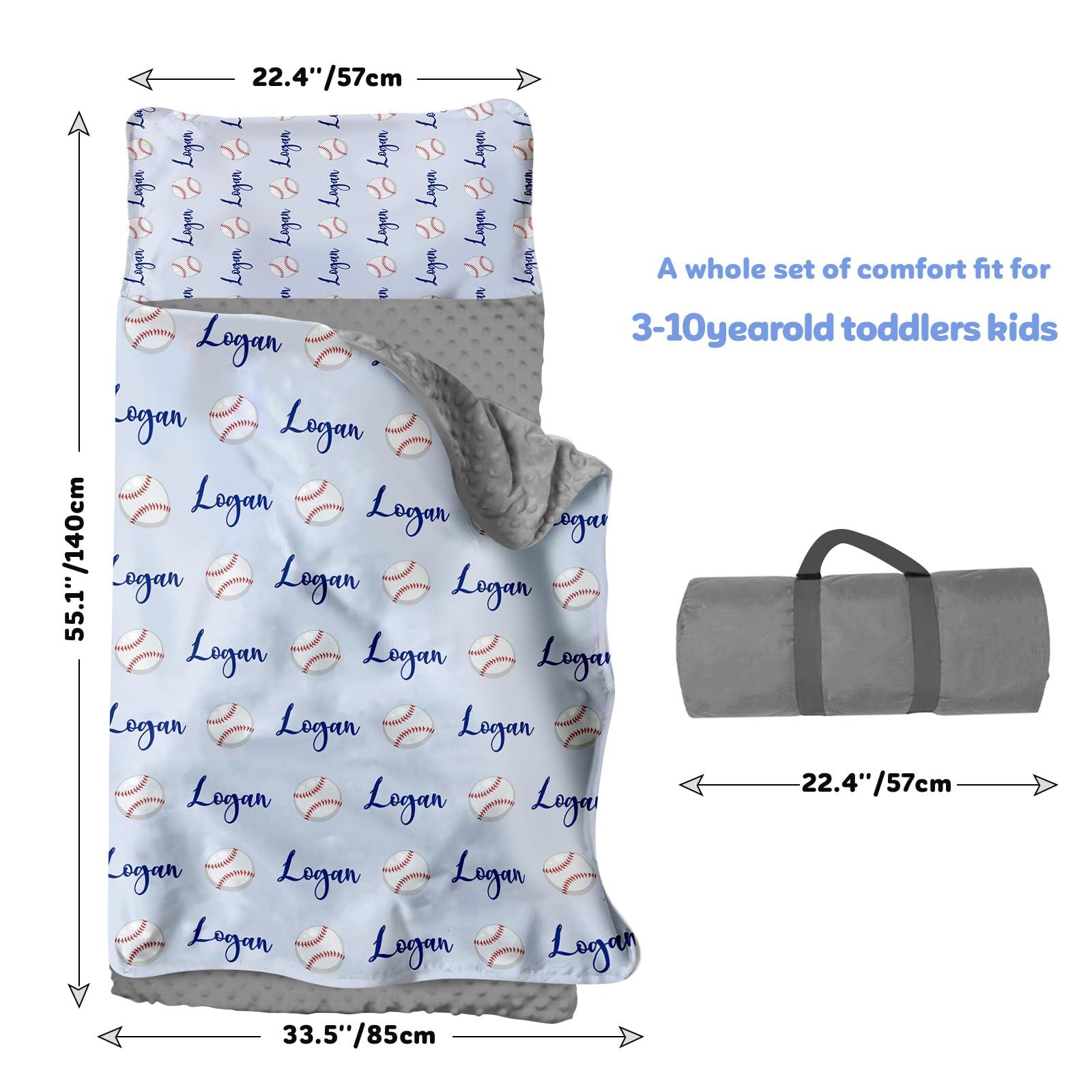 Evulum Custom Nap Mat for Daycare Toddler Boys - Sleeping Bag for Kids Nap Mats with Pillow Blanket for Preschool Kindergarten, Personalized Name Easy Carry Nap Sack Baby Blue Baseball