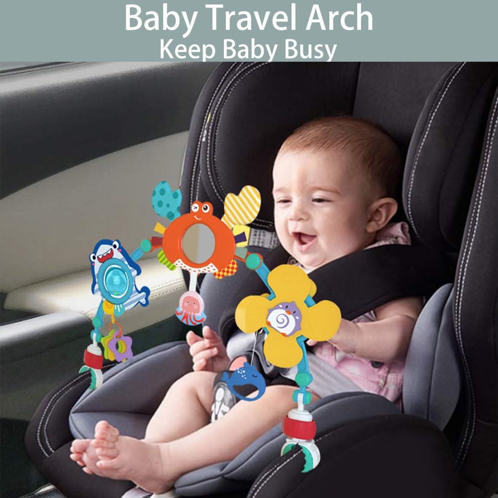 BARMACO Baby Stroller Arch Toy, Infant Car Seat Toys with Play Accessories, Newborn Foldable Activity Crib Toys, Sensory Travel Mobile Animal Bassinet Toys for Toddler Boys Girls, Adjustable Hanging Toys