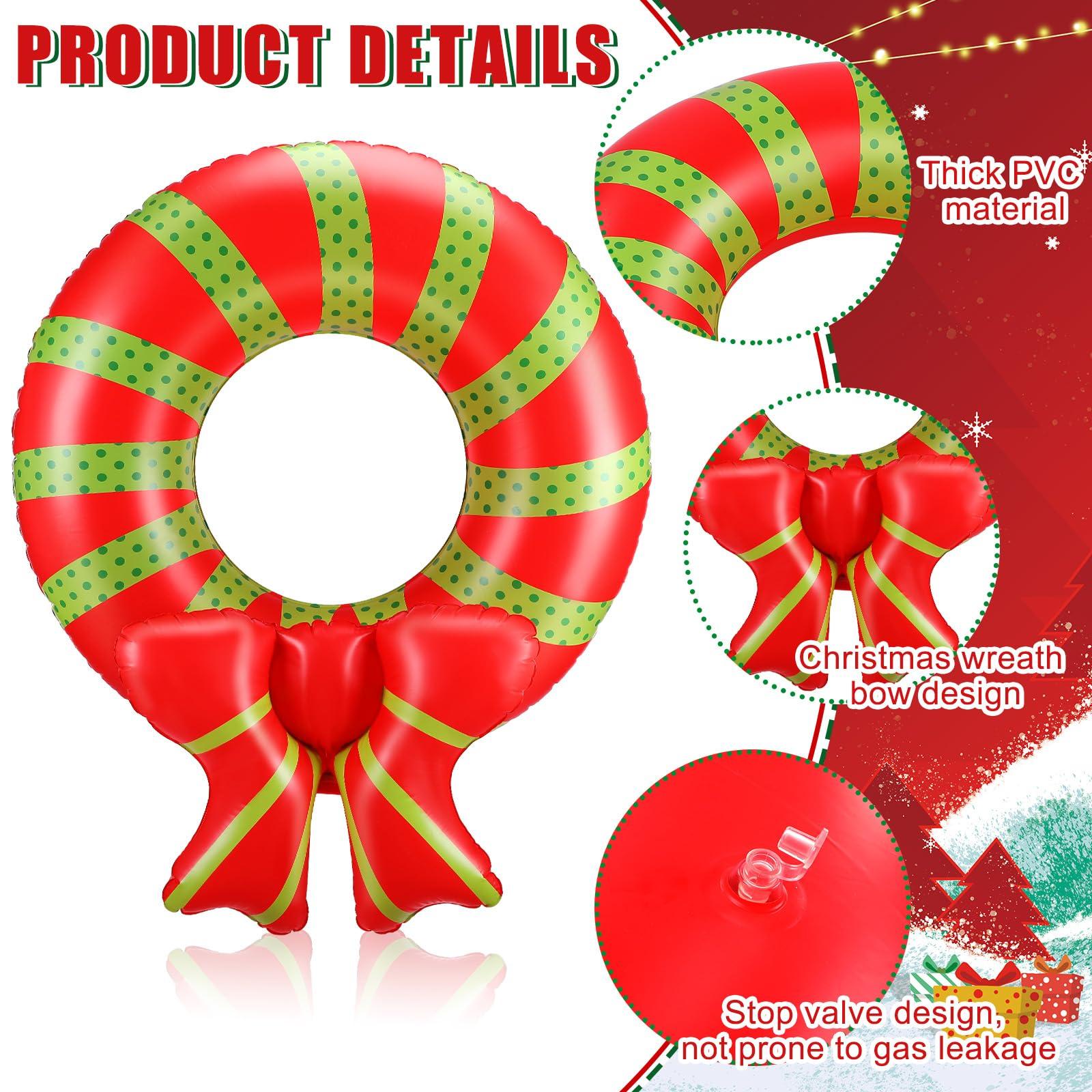 JellyArch JellyArch 2 Pcs Christmas Inflatable Wreath Decorations Inflatable Christmas Pool Ring Float with Bow Xmas Holiday Hanging Wreath Decor Indoor Outdoor for Party Window Lawn Yard Garden(43 Inches)