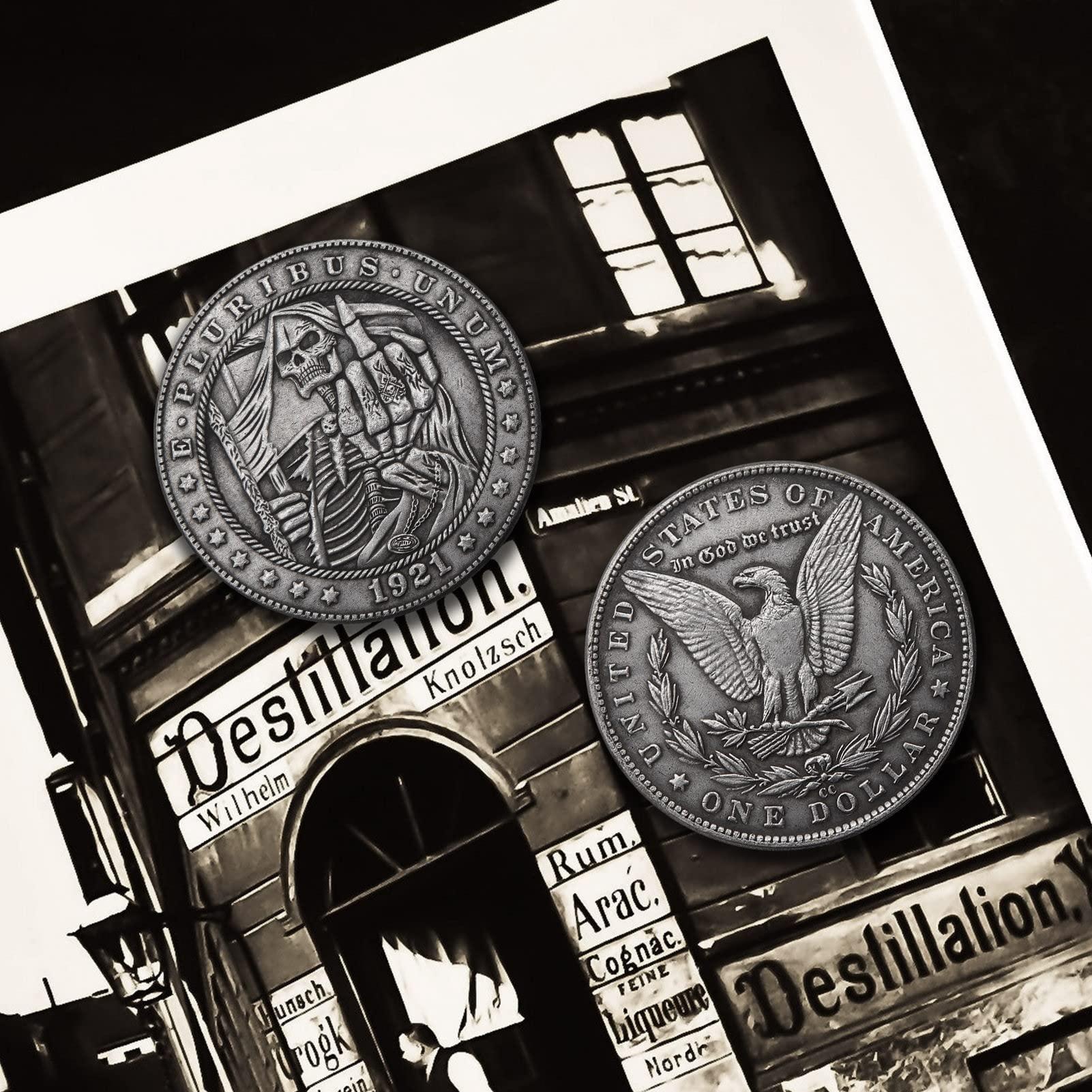 Mineo Hobo Coin Collection Challenge Coin E Pluribus Unum Art Vagrant Coins Collectible Commemorative Coin Antique Silver Plated Lucky Gift (Skull Finger-01)